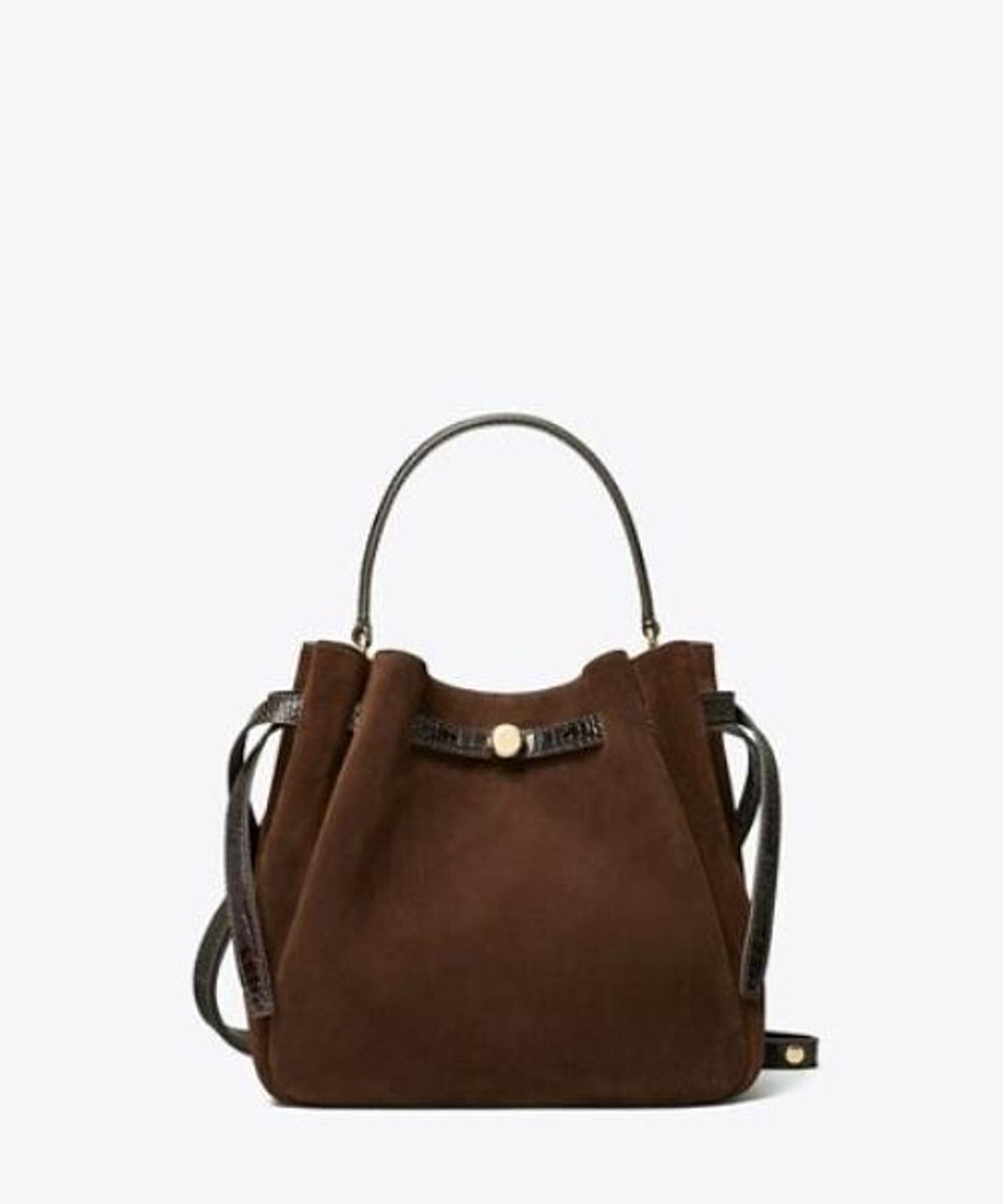 토리버치(TORYBURCH) 로미 스웨이드 버킷 백 - 다크 코코아