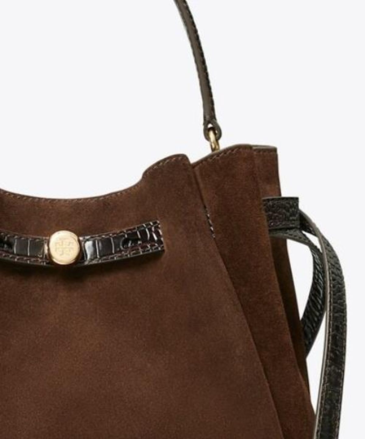 토리버치(TORYBURCH) 로미 스웨이드 버킷 백 - 다크 코코아