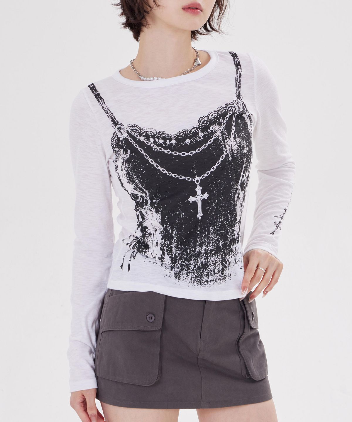 디스펑트(DYSFUNCT) LACE CORSET GRAPHIC LONG SLEEVE TEE(WHITE)