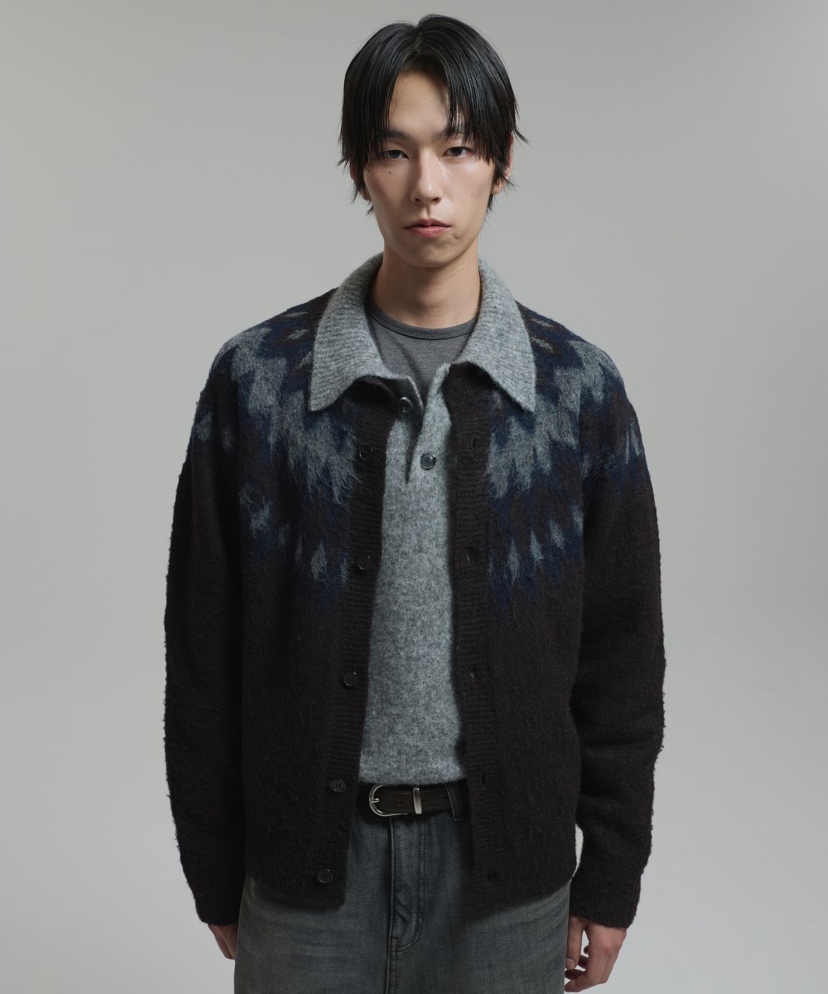 넌블랭크(NONBLANK) 브러쉬드 자카드 노르딕 가디건_BROWN