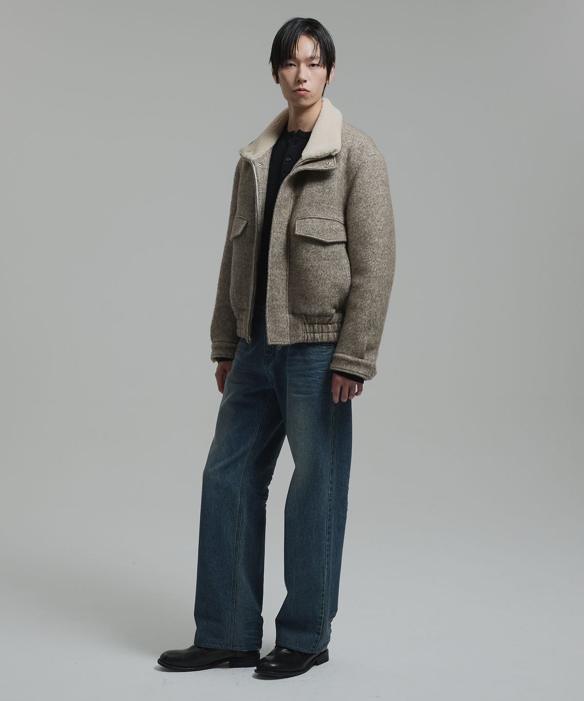 넌블랭크(NONBLANK) 울 하이 넥 블루종_MELANGE BEIGE