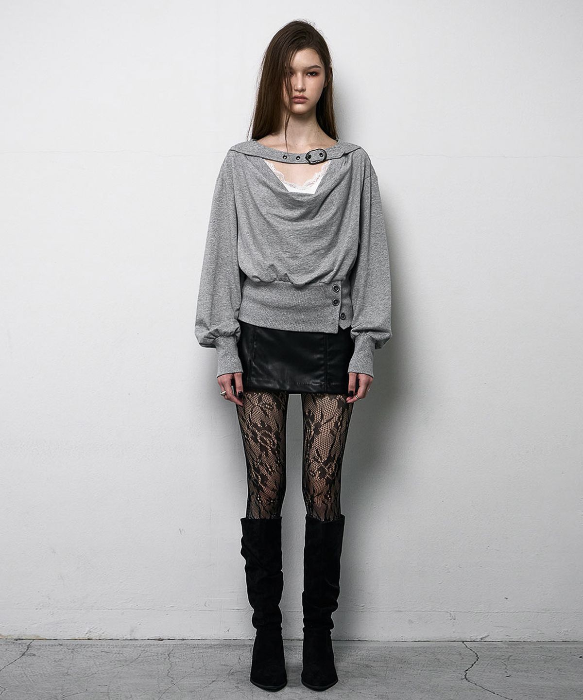 낫노잉(NOTKNOWING) Belted Cowl Sweatshirt (MELANGE GREY)