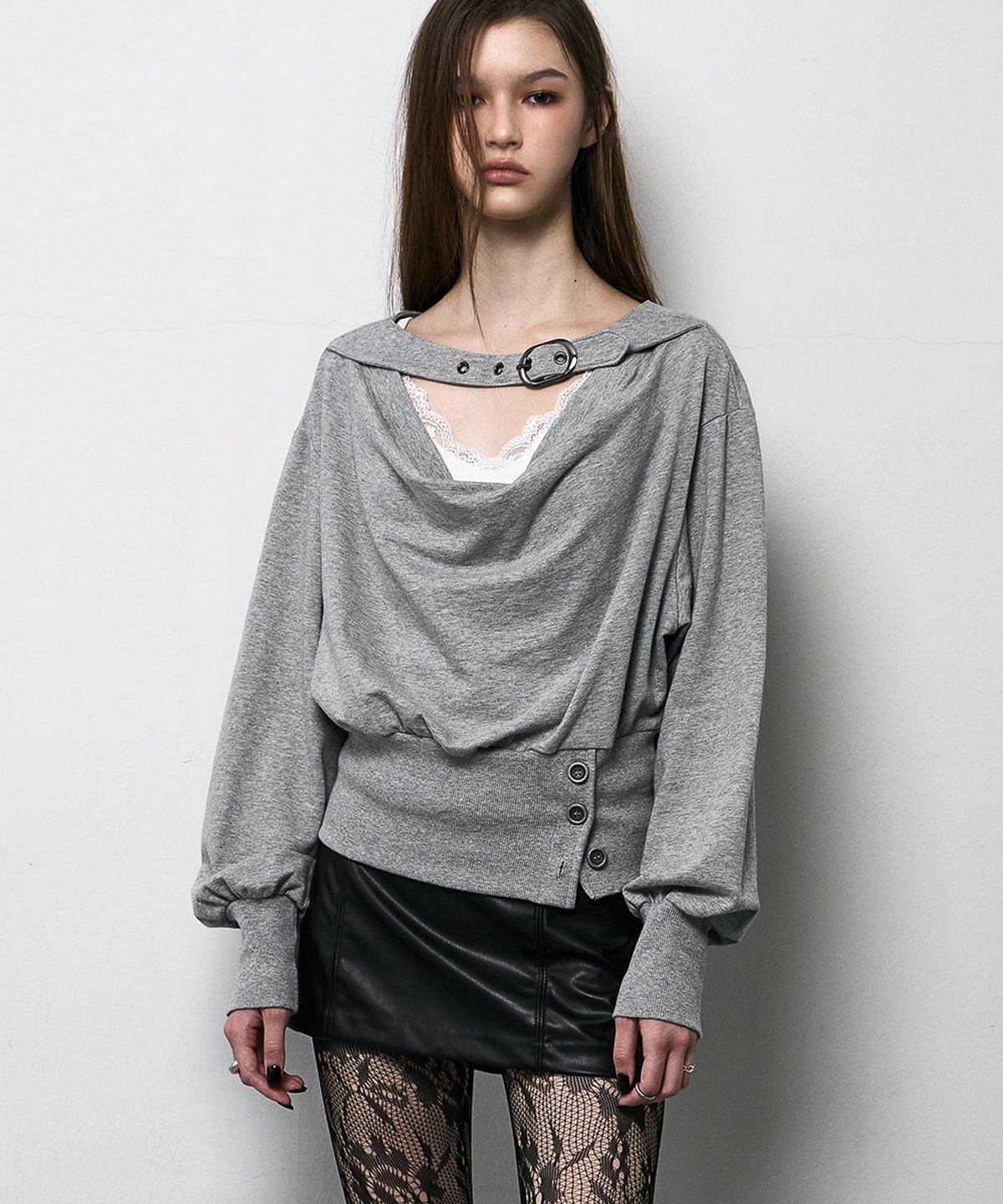 낫노잉(NOTKNOWING) Belted Cowl Sweatshirt (MELANGE GREY)