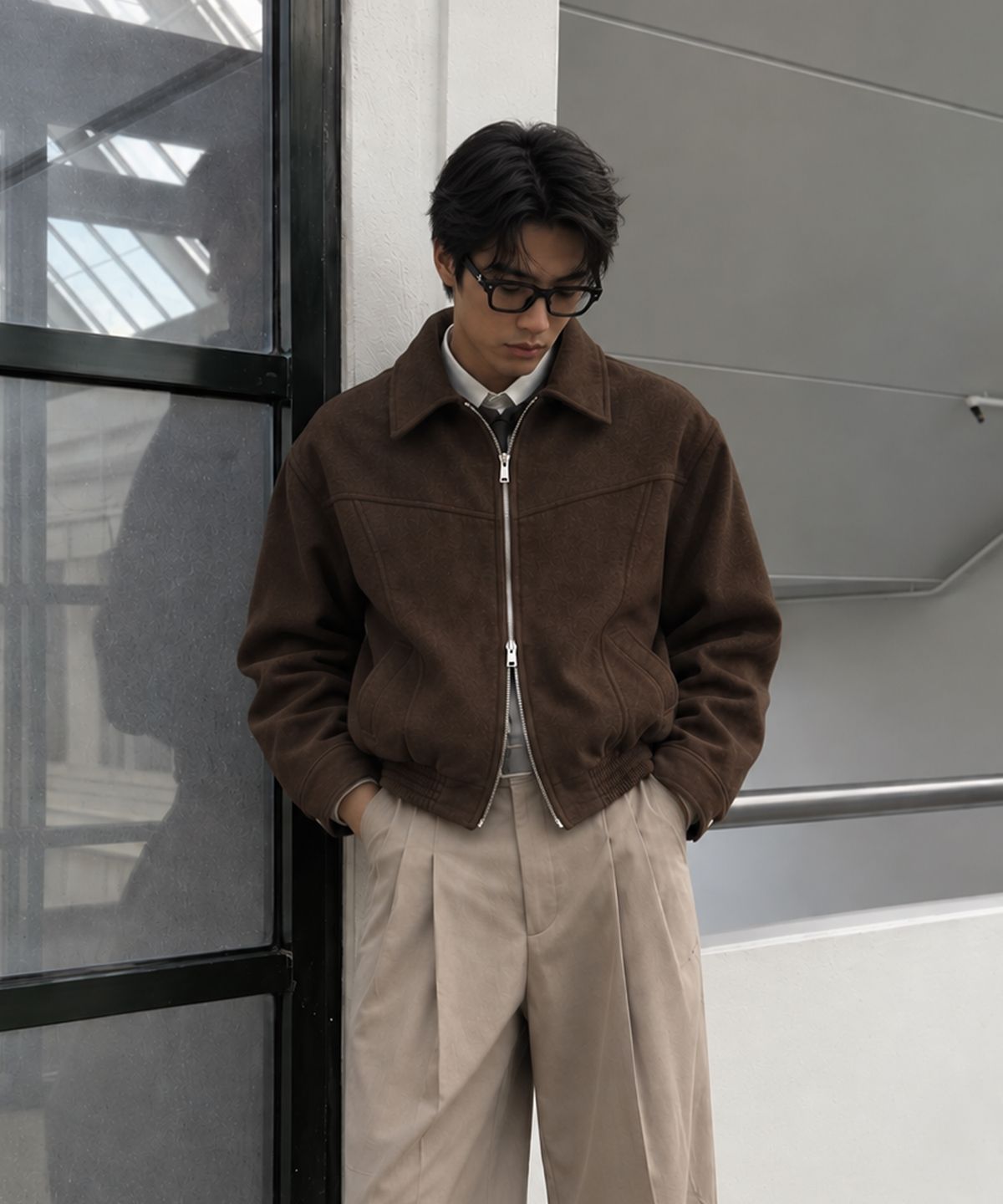 언아웃핏(AOTT) 울 블렌드 2-WAY 카라 블루종 브라운