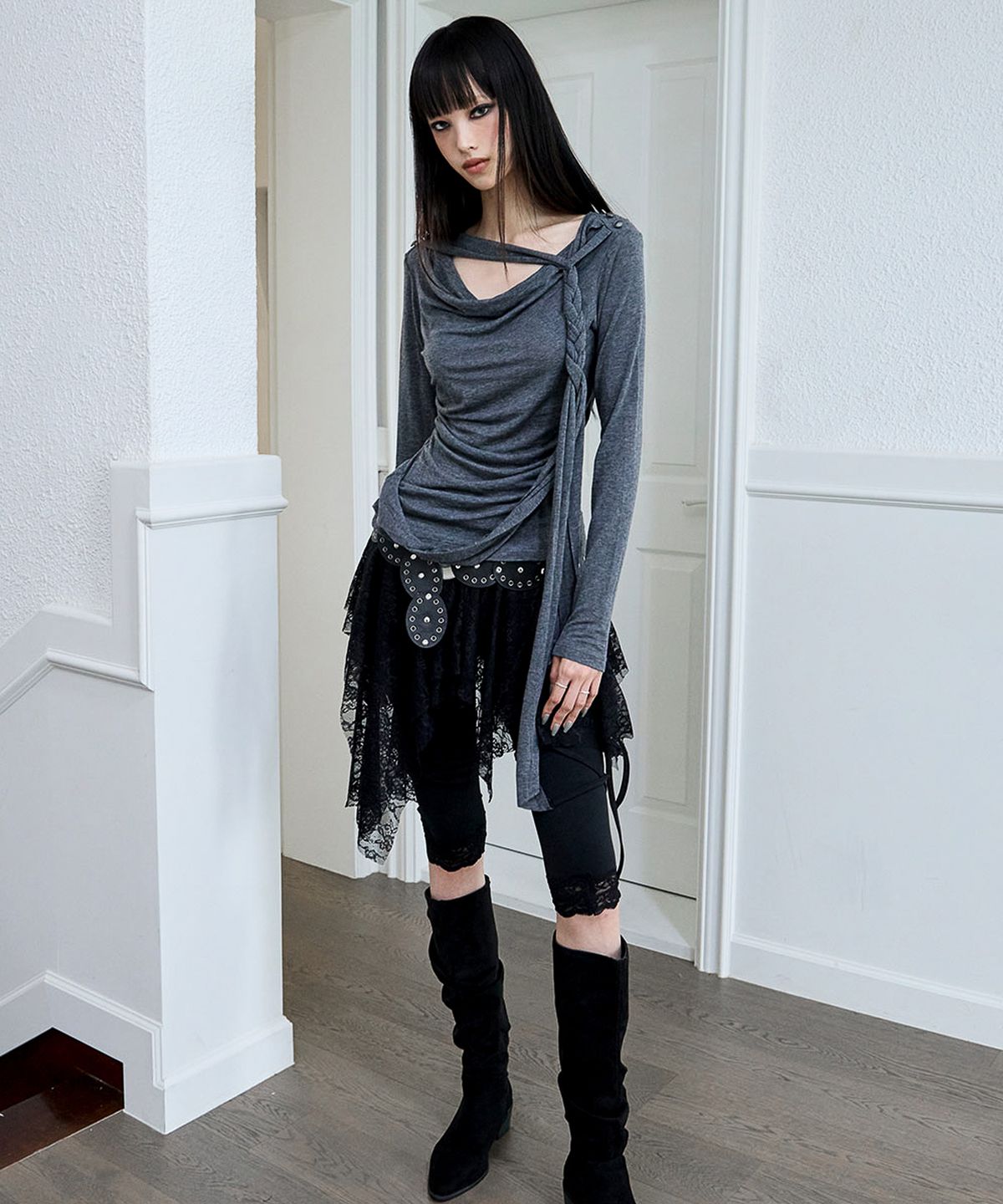낫노잉(NOTKNOWING) Drape Braided Hoodie (GREY)