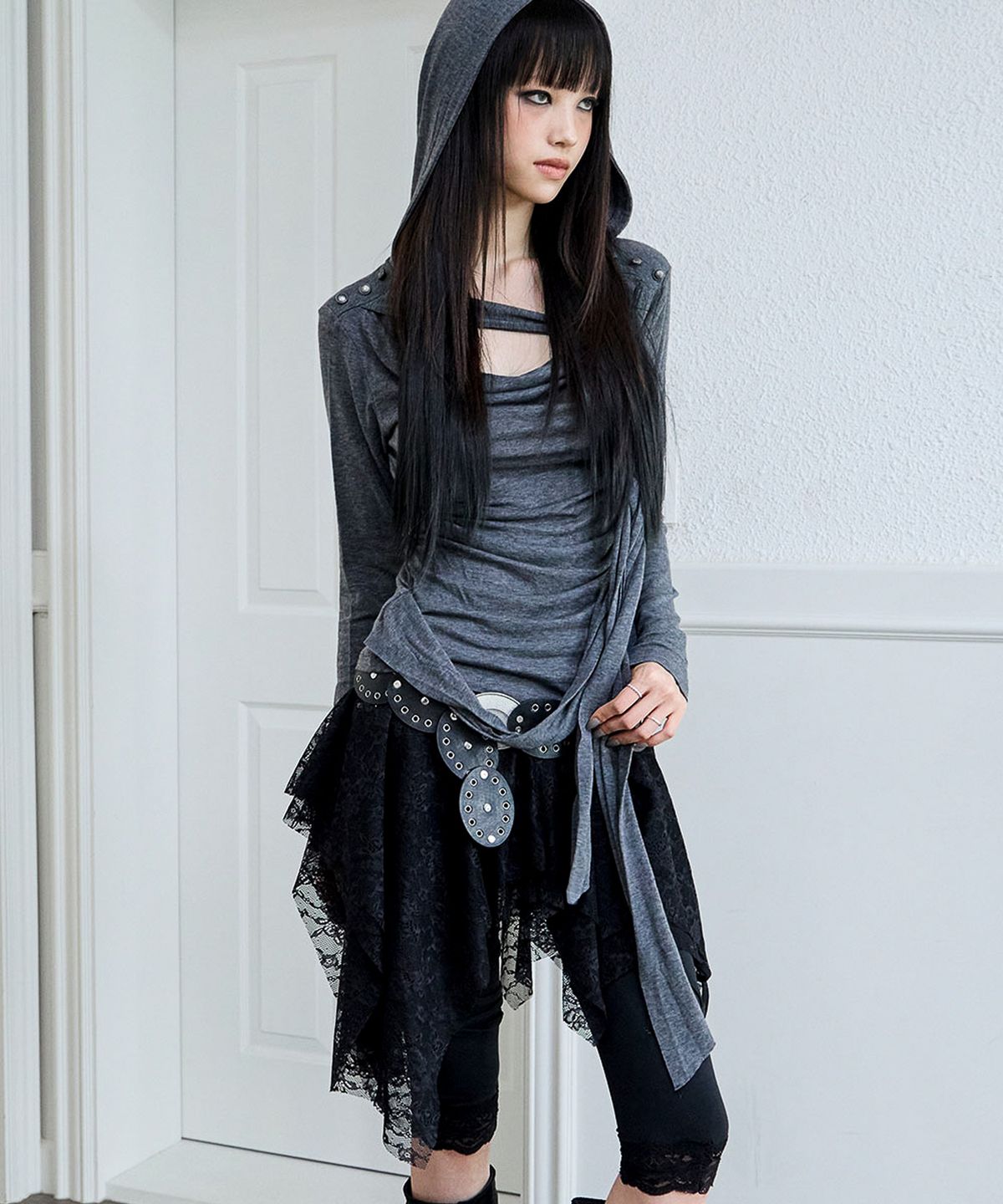 낫노잉(NOTKNOWING) Drape Braided Hoodie (GREY)