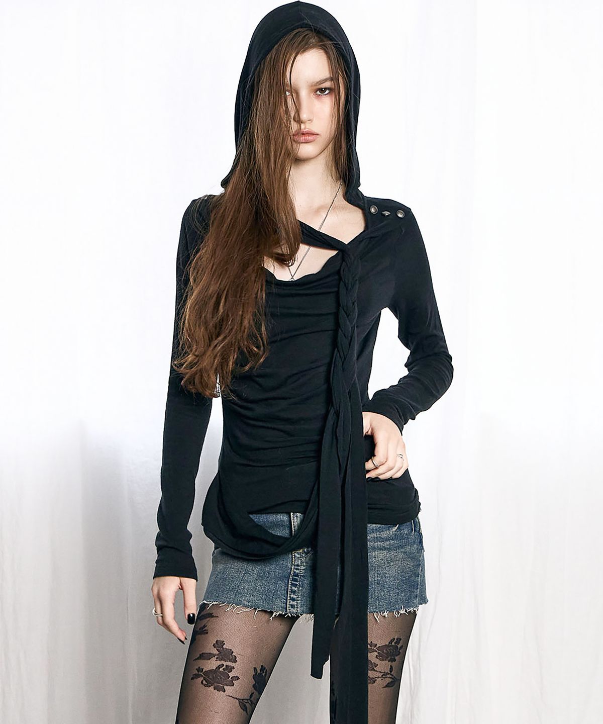 낫노잉(NOTKNOWING) Drape Braided Hoodie (BLACK)