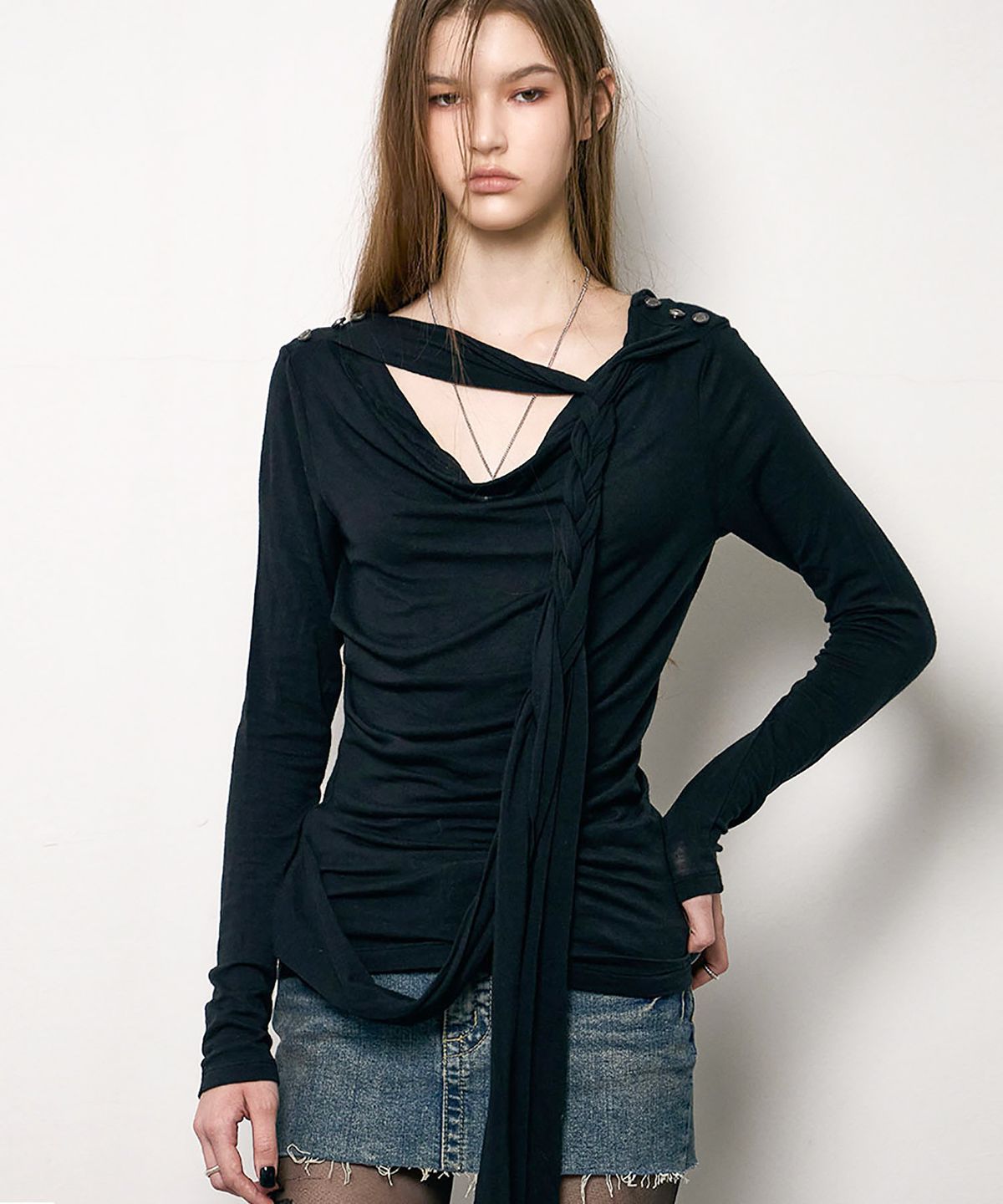 낫노잉(NOTKNOWING) Drape Braided Hoodie (BLACK)