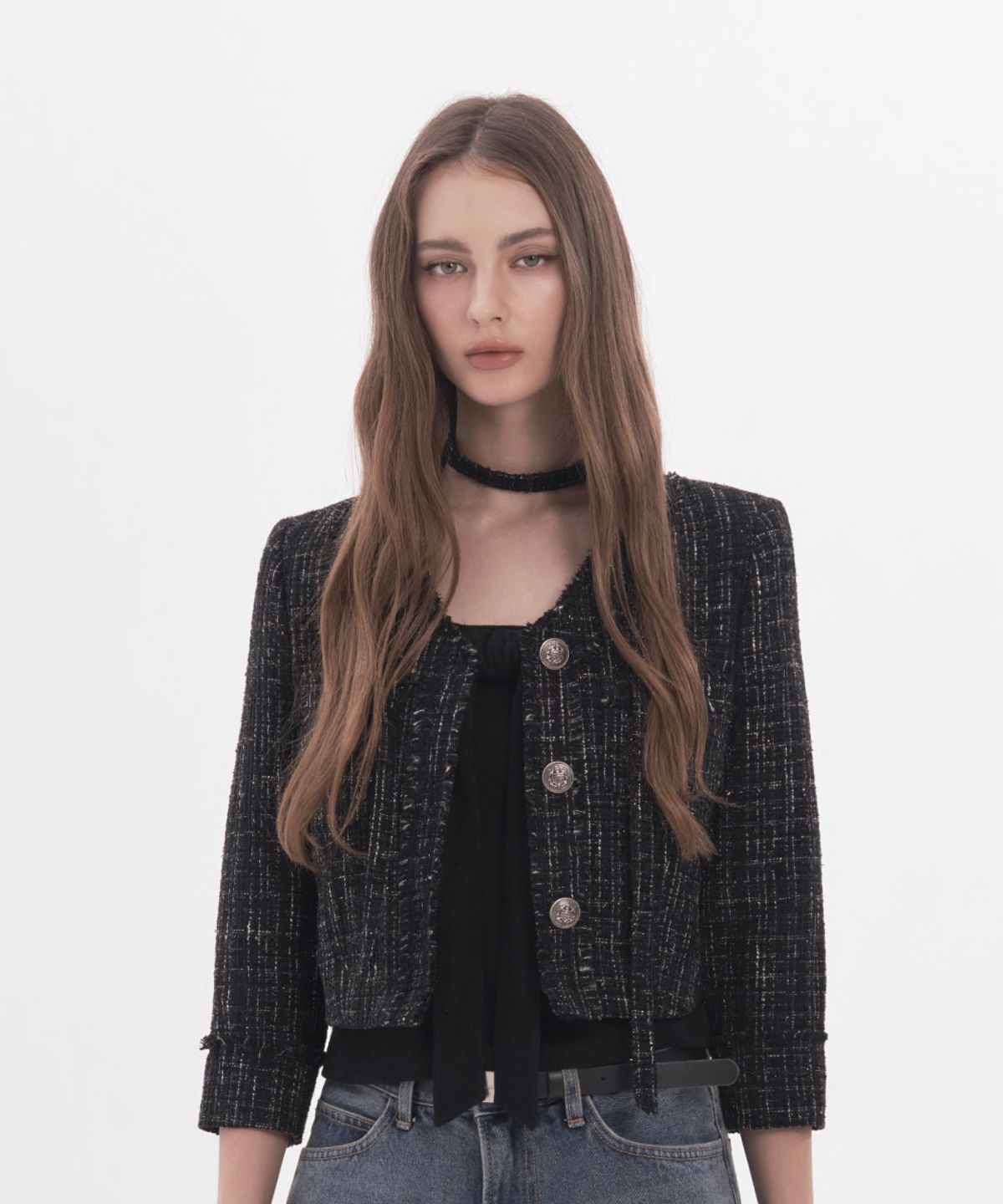 마우솔레움(MAU SOLEUM) Fringed Tweed Mid-Sleeve Jacket - Multi Black