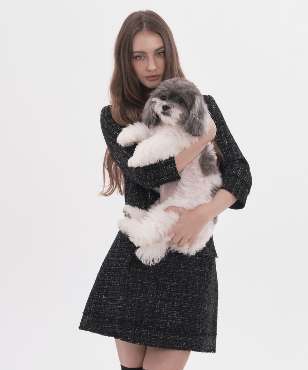 마우솔레움(MAU SOLEUM) Fringed Tweed Mid-Sleeve Jacket - Multi Black
