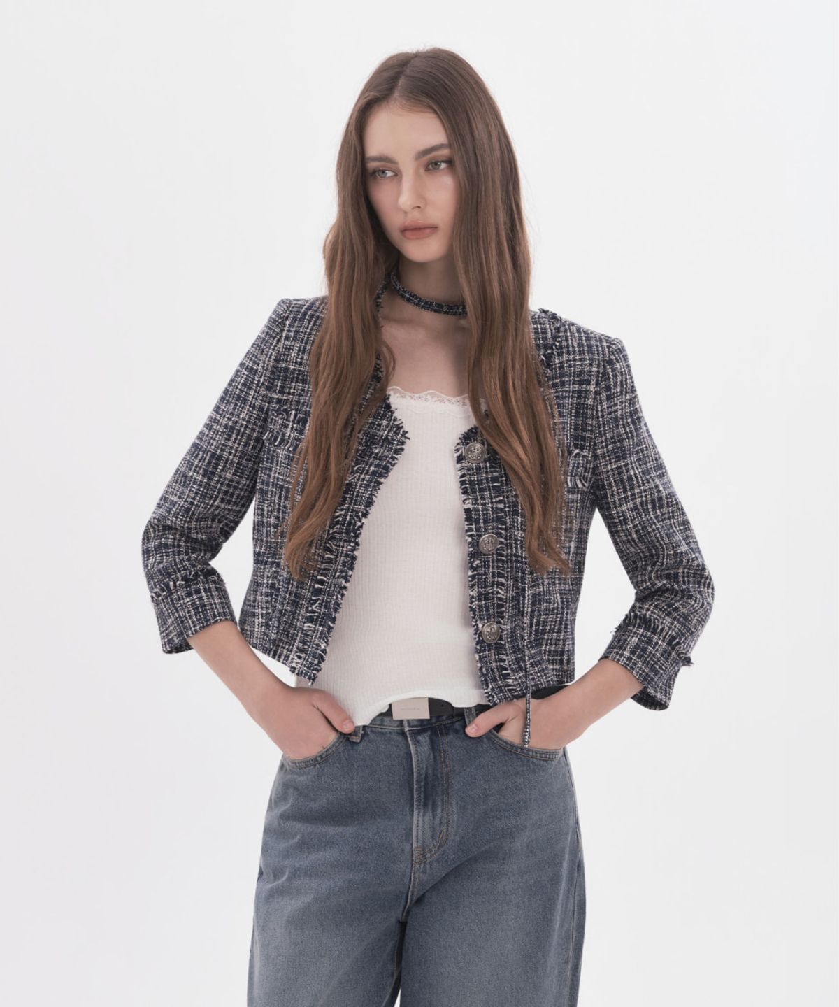 마우솔레움(MAU SOLEUM) Fringed Tweed Mid-Sleeve Jacket - Navy