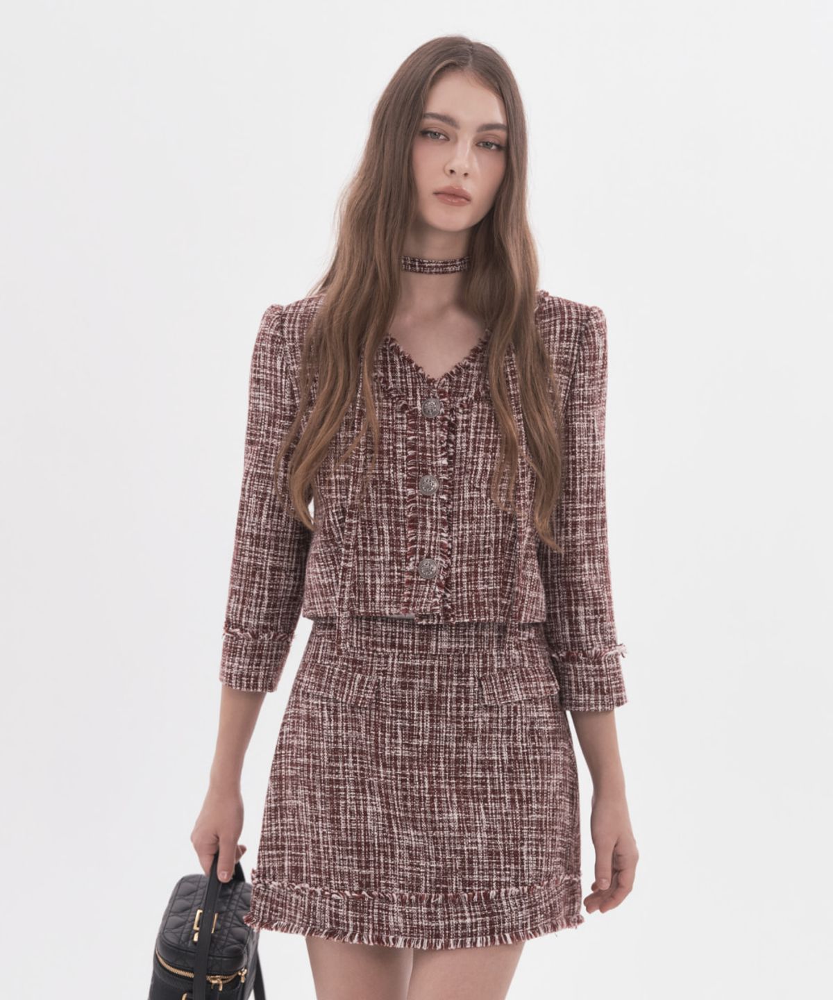 마우솔레움(MAU SOLEUM) Fringed Tweed Mid-Sleeve Jacket - Red
