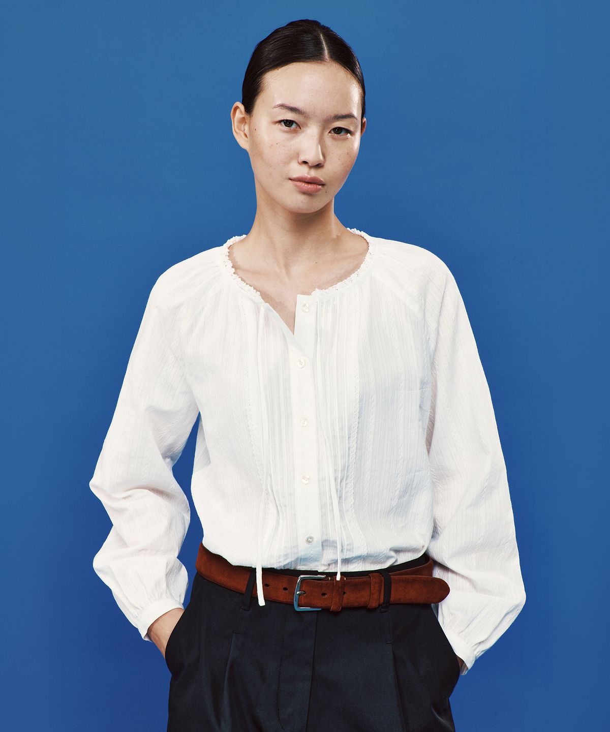 플랙 우먼(PLAC WOMEN) 핀턱 레이스 블라우스 화이트