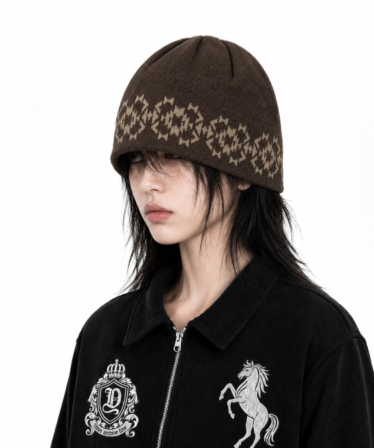 아이돈워너셀(IDWS) Ethnic Jacquard Maxi Beanie Brown