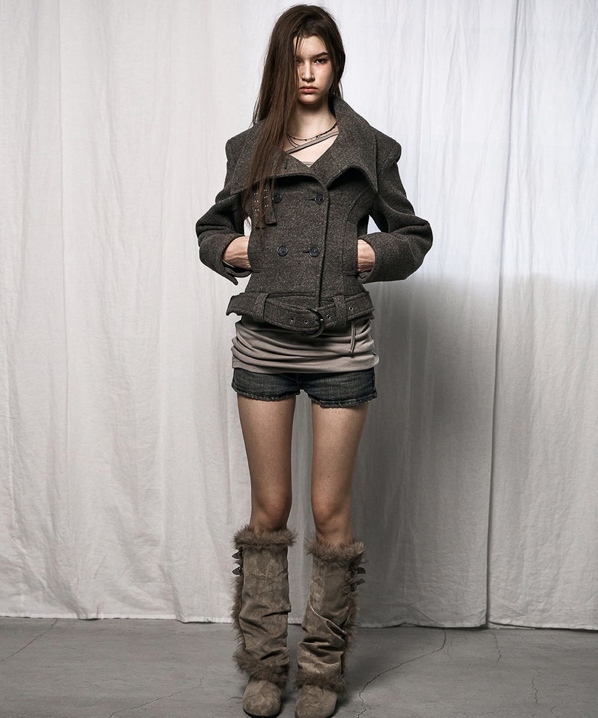 낫노잉(NOTKNOWING) Double Belted High-Neck Coat (BROWN)