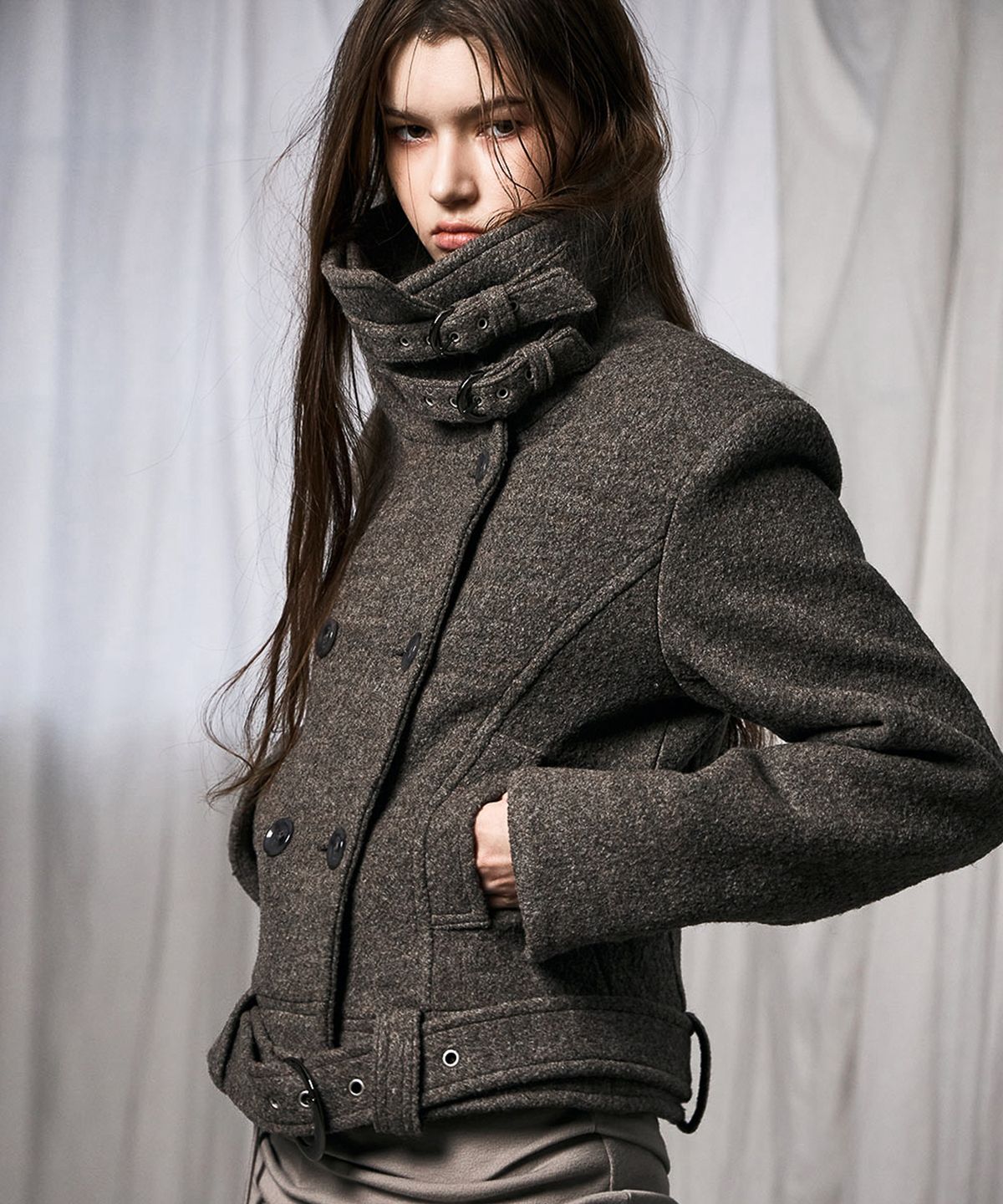 낫노잉(NOTKNOWING) Double Belted High-Neck Coat (BROWN)