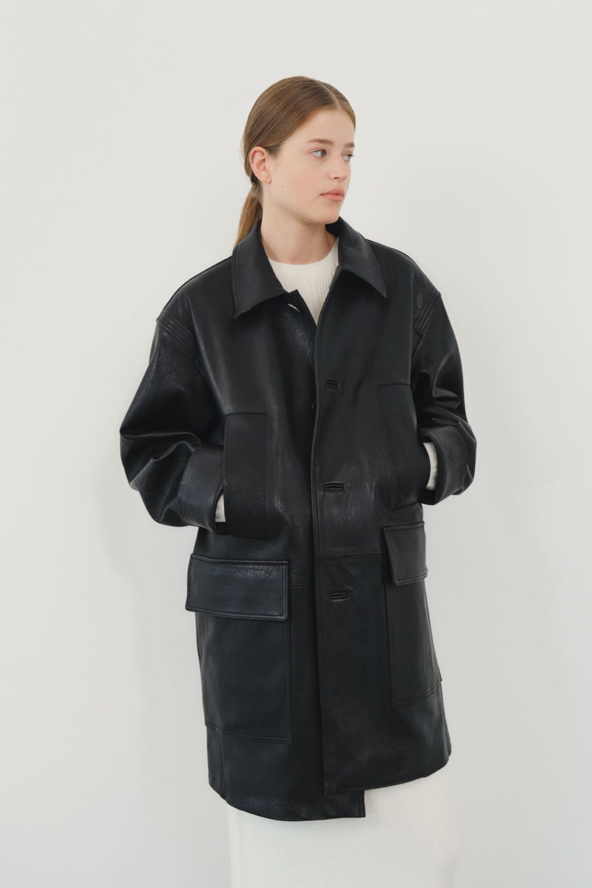 쿠메(KUMÉ) Nappa Lambskin Car Coat,  Black