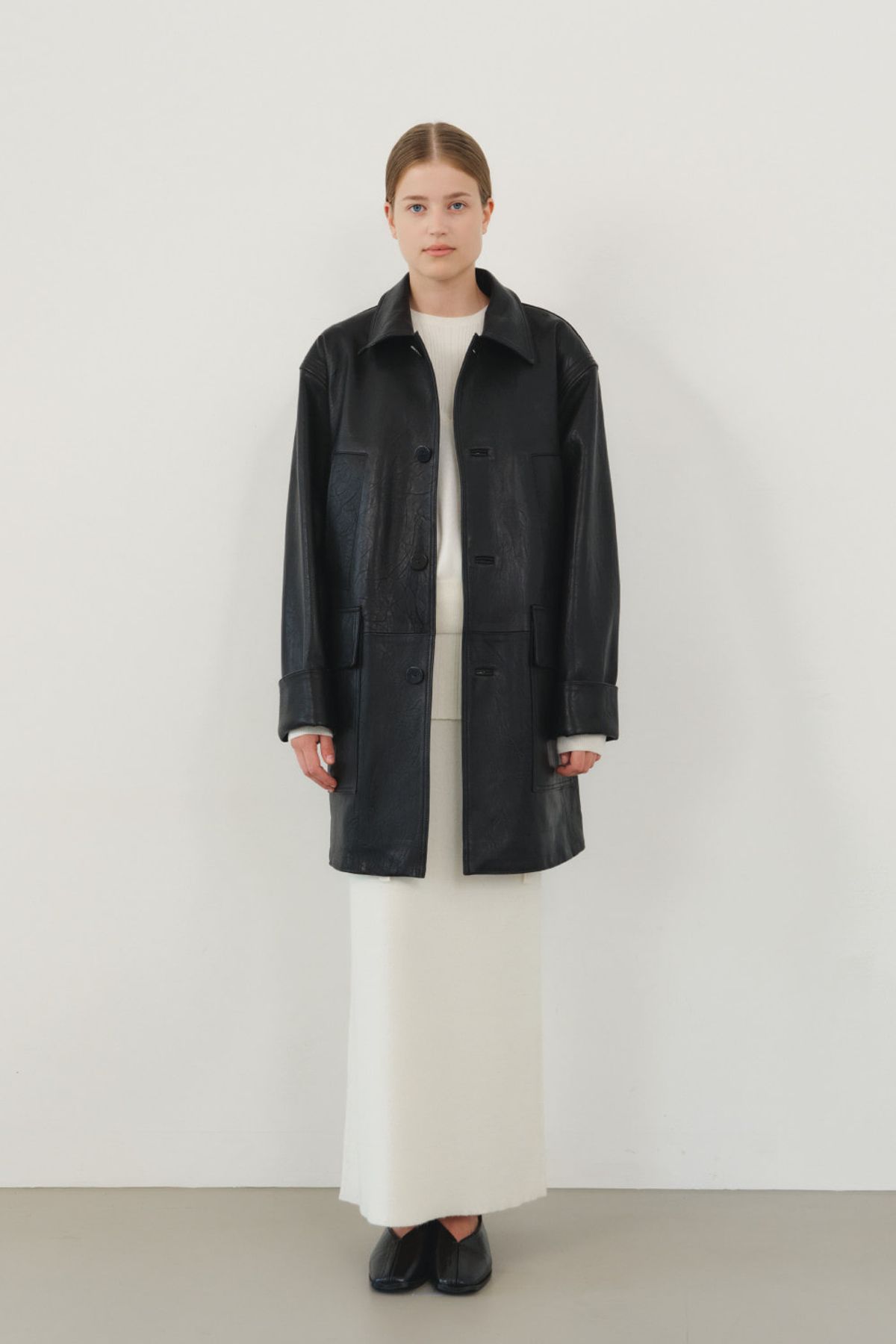 쿠메(KUMÉ) Nappa Lambskin Car Coat,  Black