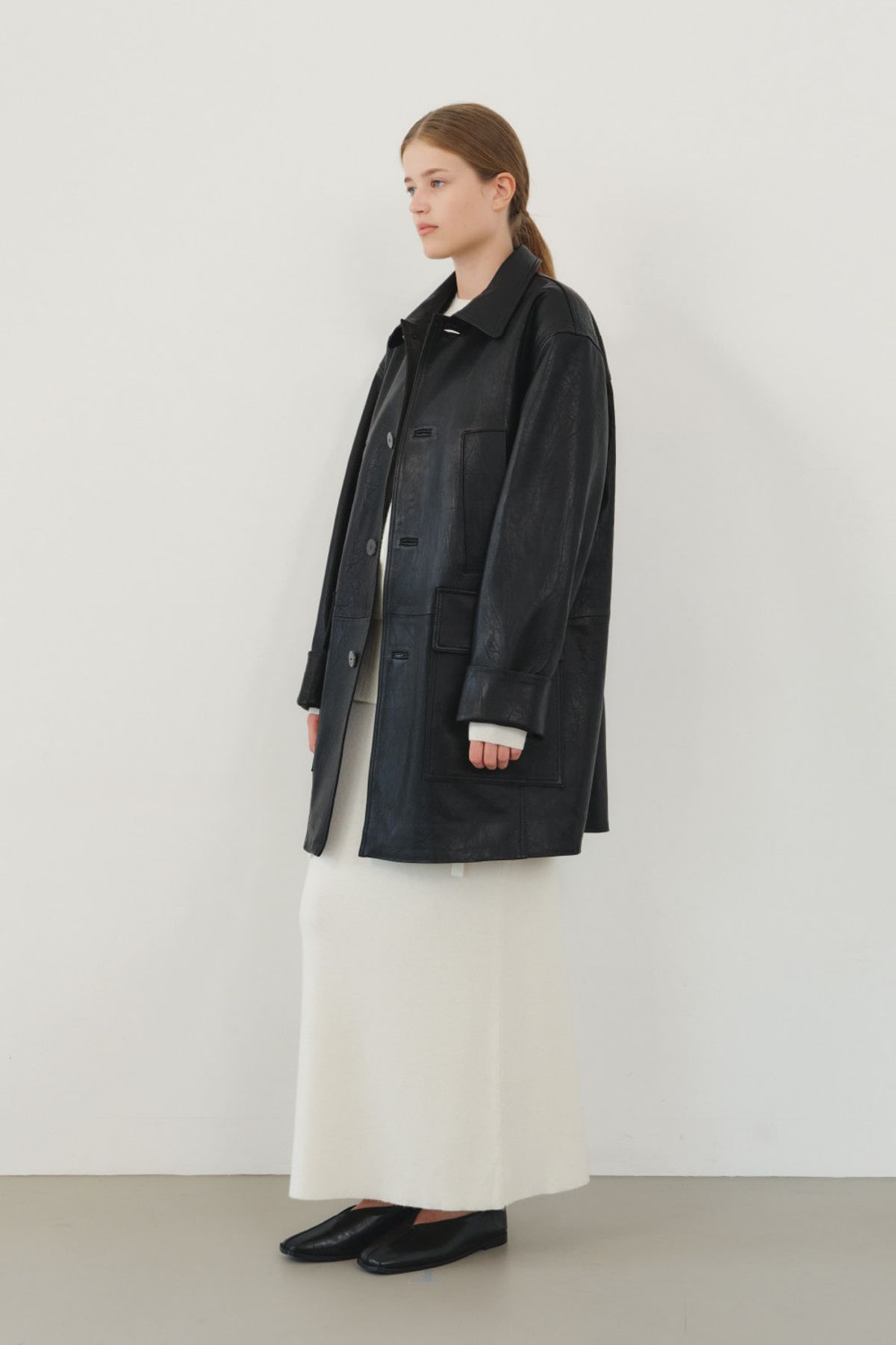 쿠메(KUMÉ) Nappa Lambskin Car Coat,  Black
