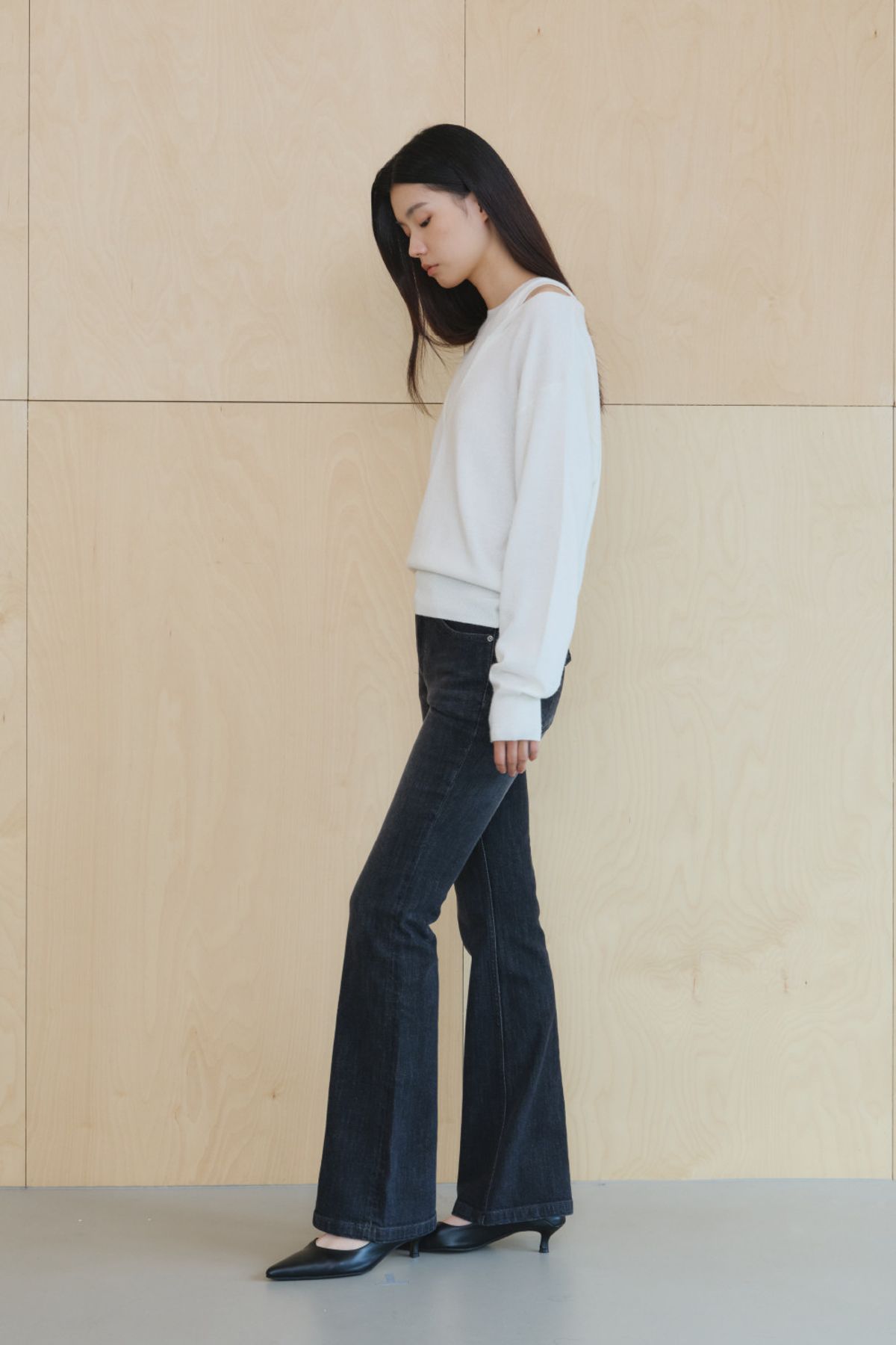 쿠메(KUMÉ) Washed Slim Stretch Bootcut Pants, Black