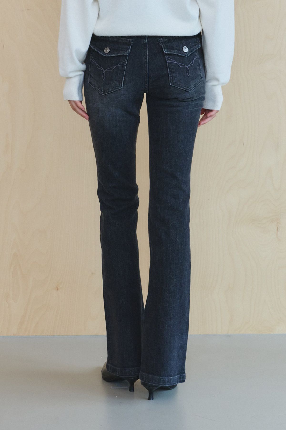 쿠메(KUMÉ) Washed Slim Stretch Bootcut Pants, Black