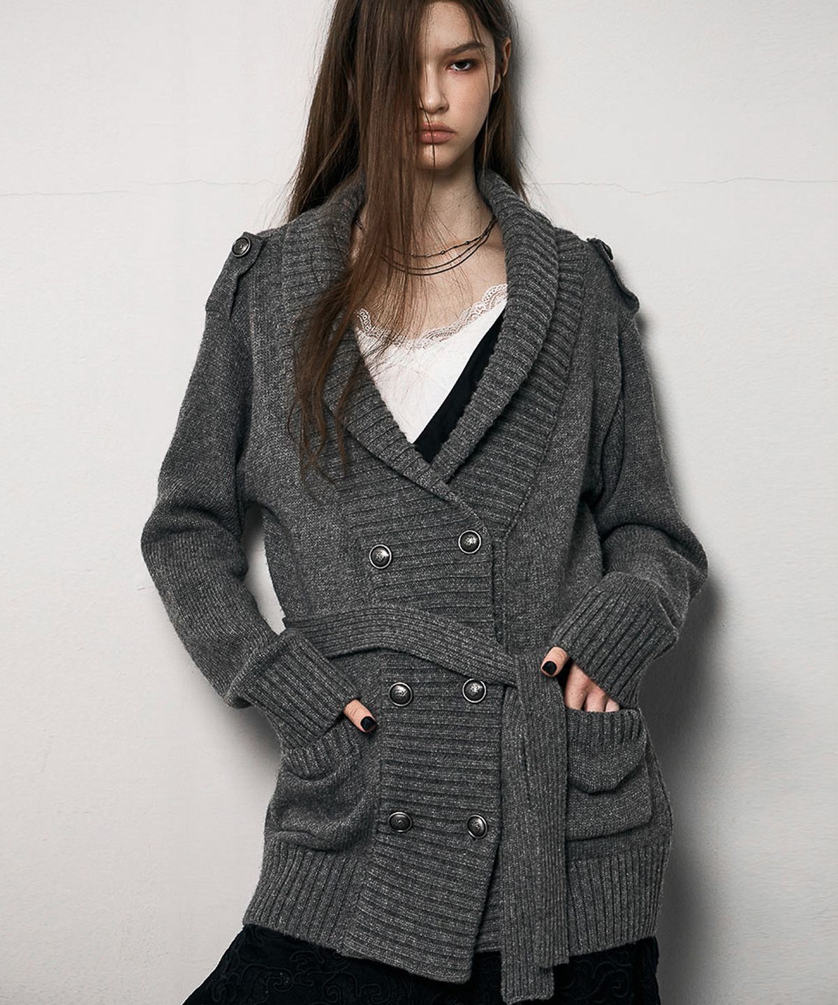 낫노잉(NOTKNOWING) Double Button Mili Cardigan (HEATHER GREY)