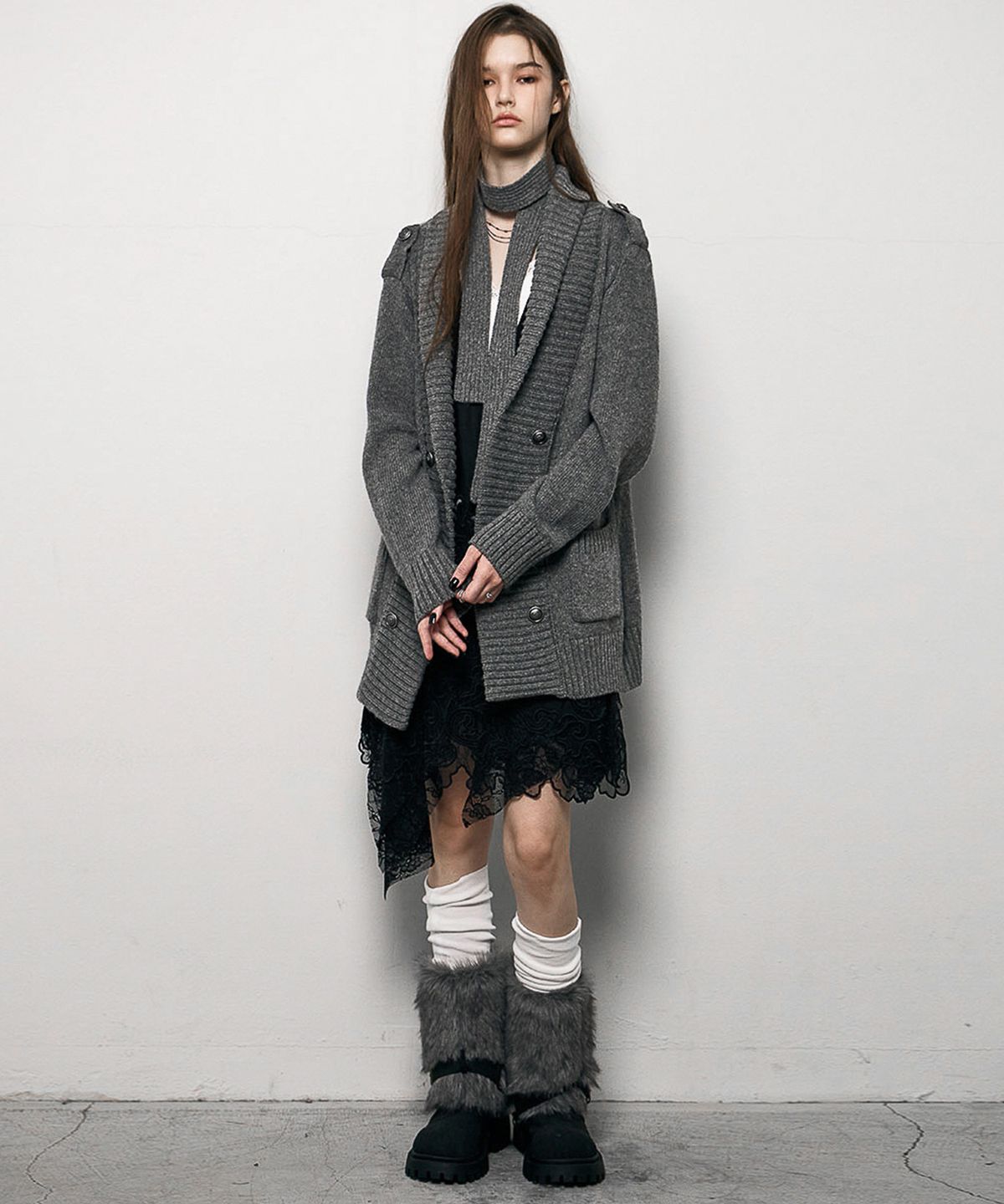 낫노잉(NOTKNOWING) Double Button Mili Cardigan (HEATHER GREY)