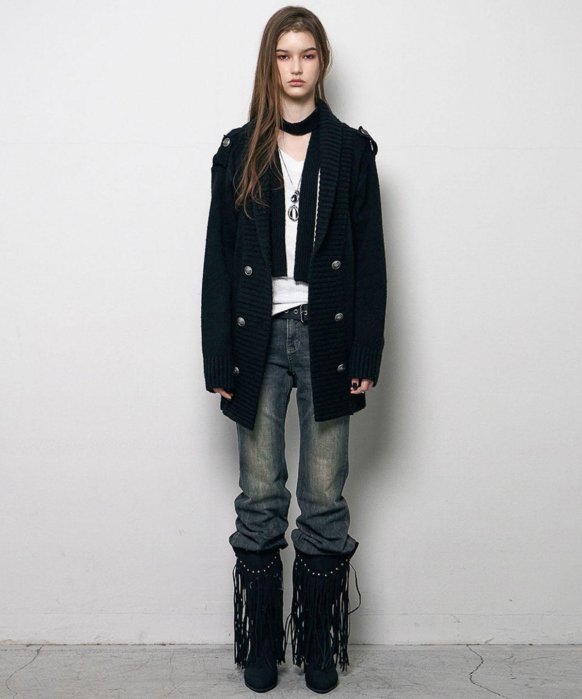낫노잉(NOTKNOWING) Double Button Mili Cardigan (BLACK)