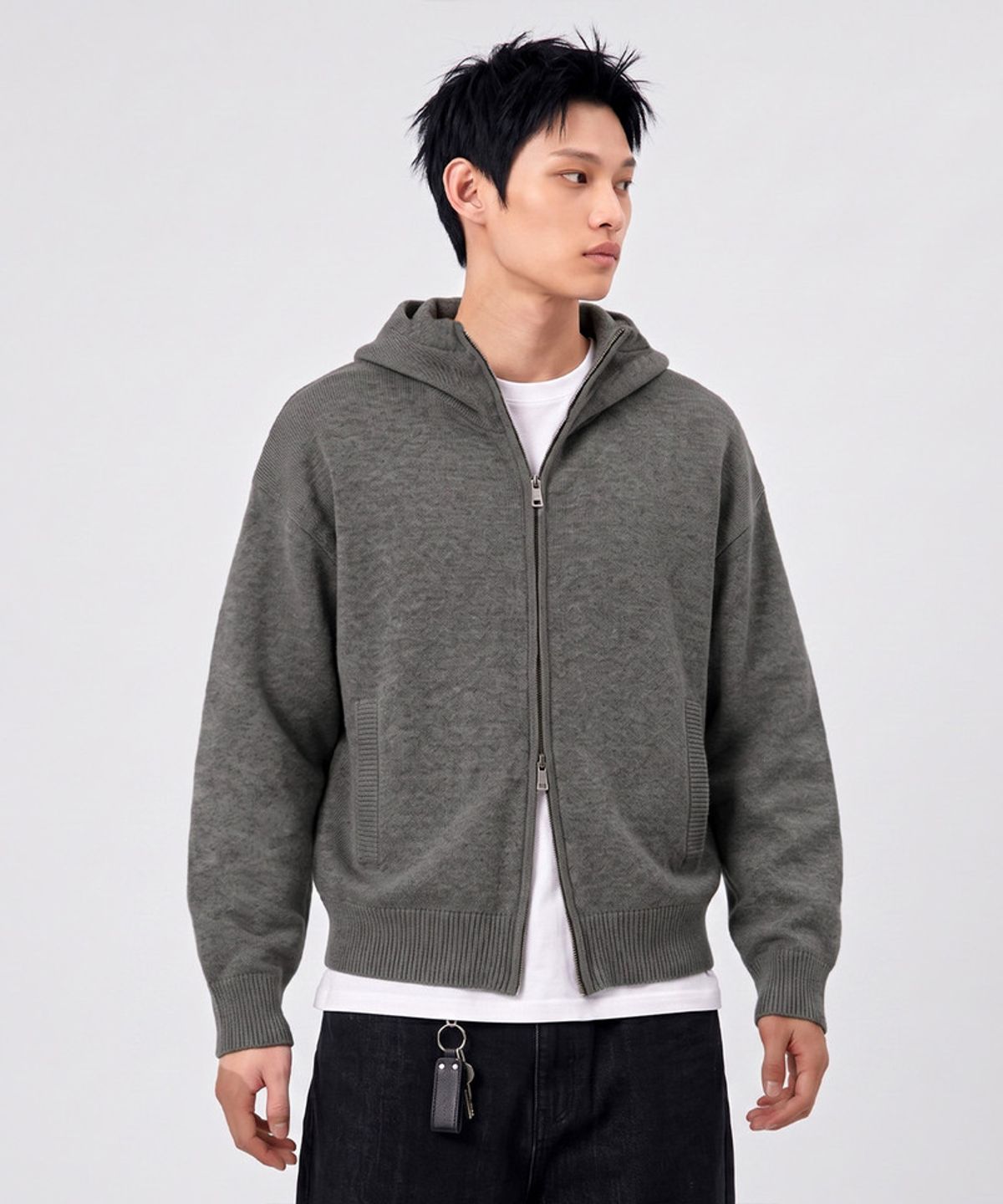 언더오프(UNDEROFF) 바라클라바 크롭 니트 후드 집업 그레이