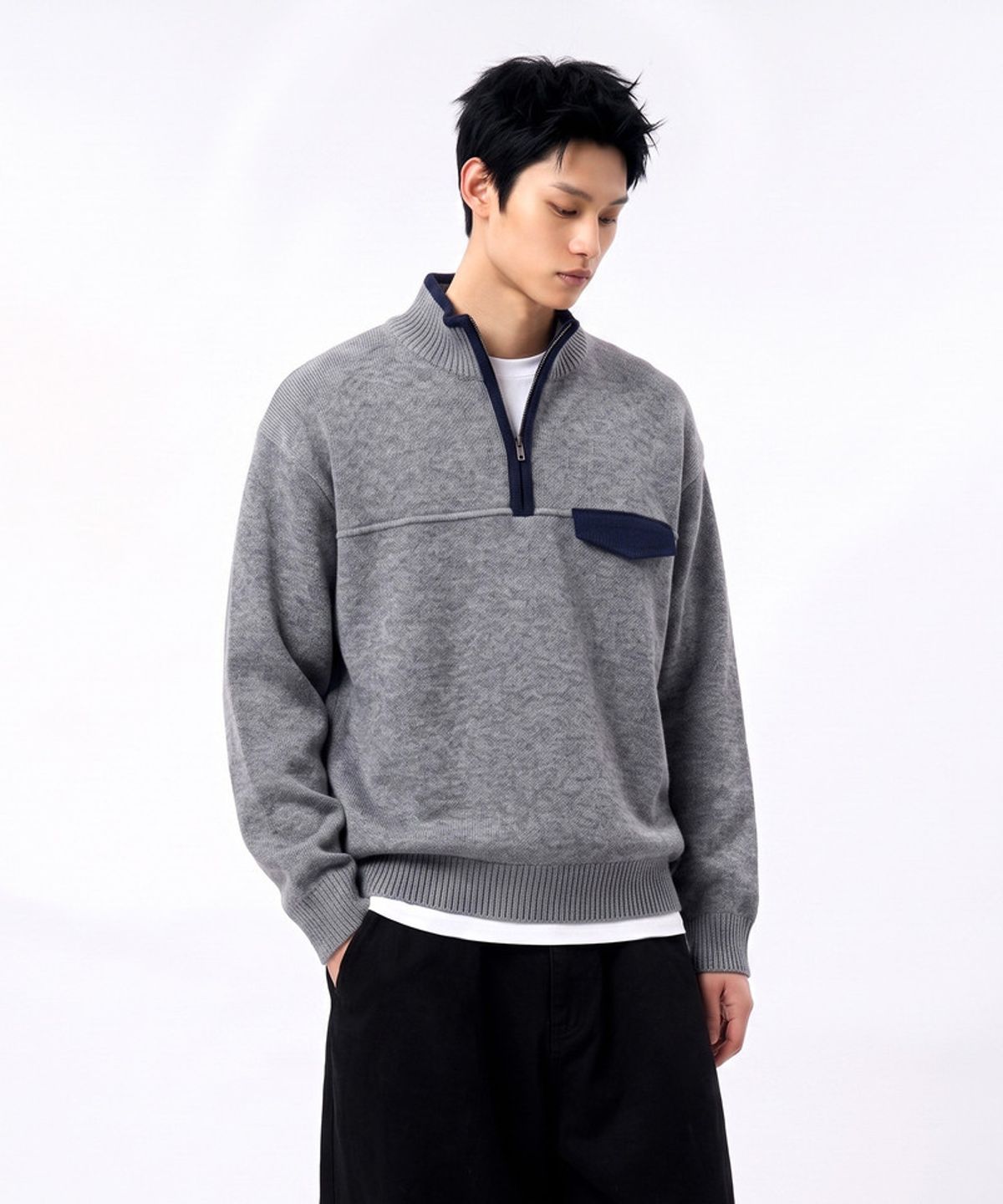 언더오프(UNDEROFF) 아웃도어 하프집 풀오버 니트 그레이