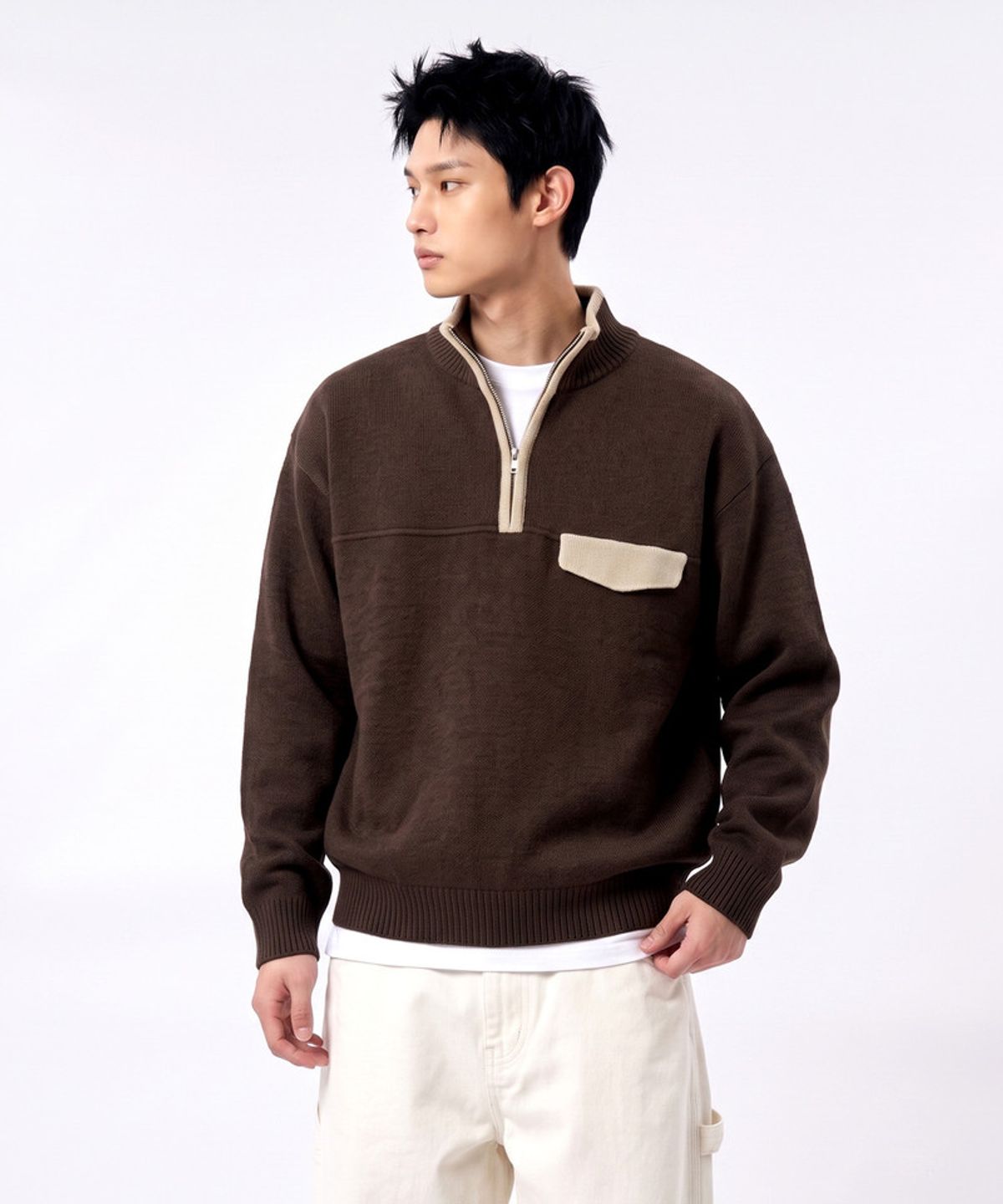 언더오프(UNDEROFF) 아웃도어 하프집 풀오버 니트 브라운