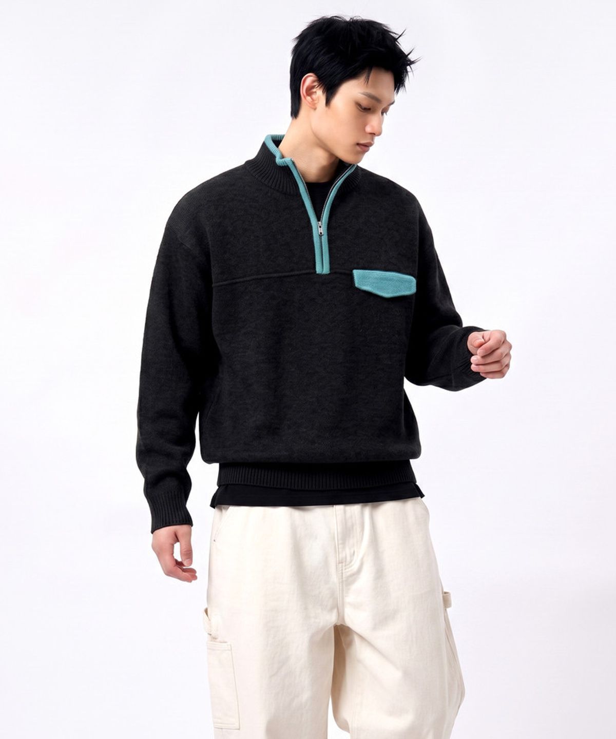 언더오프(UNDEROFF) 아웃도어 하프집 풀오버 니트 블랙
