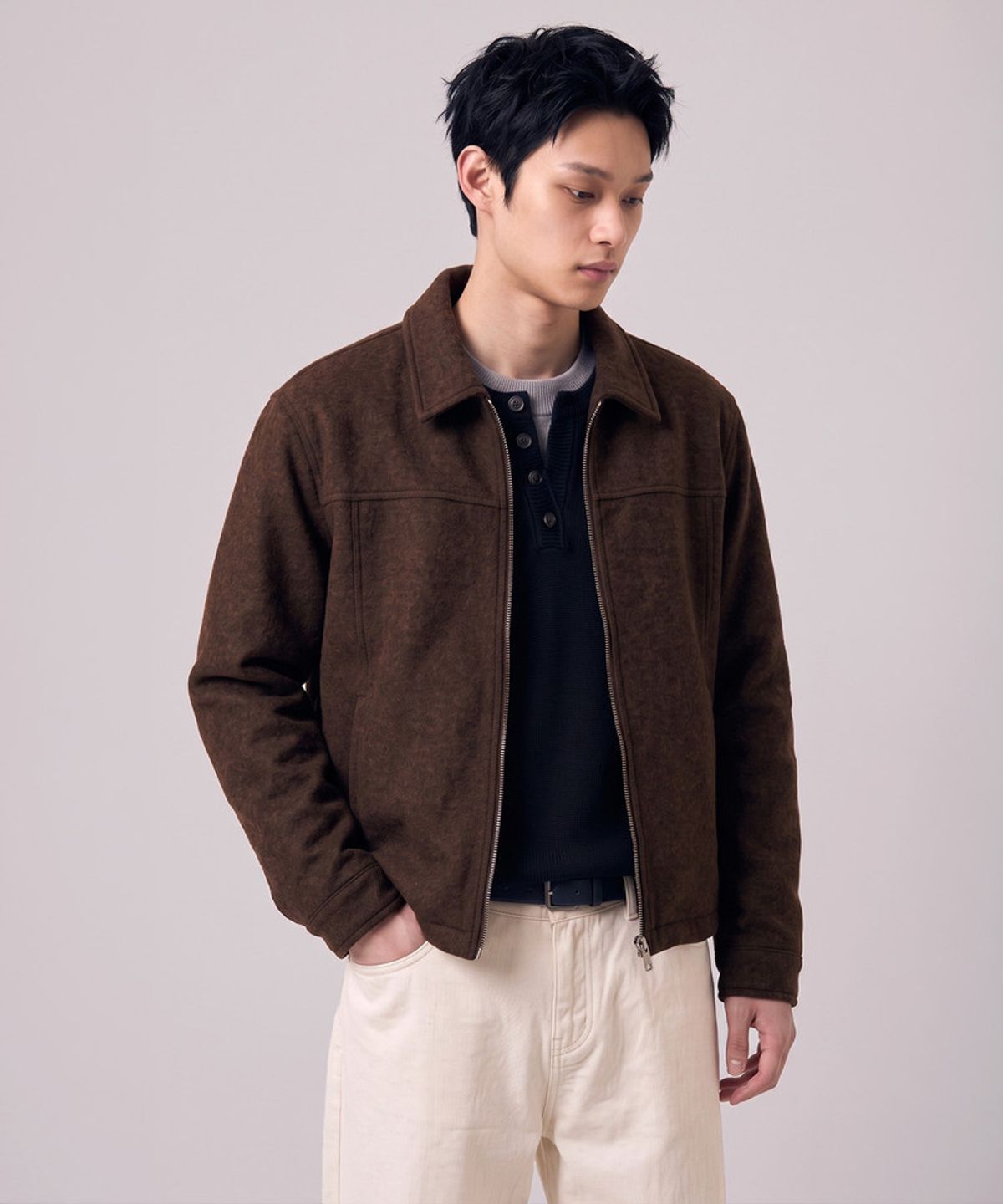 언더오프(UNDEROFF) 싱글 카라 크롭 울자켓 브라운