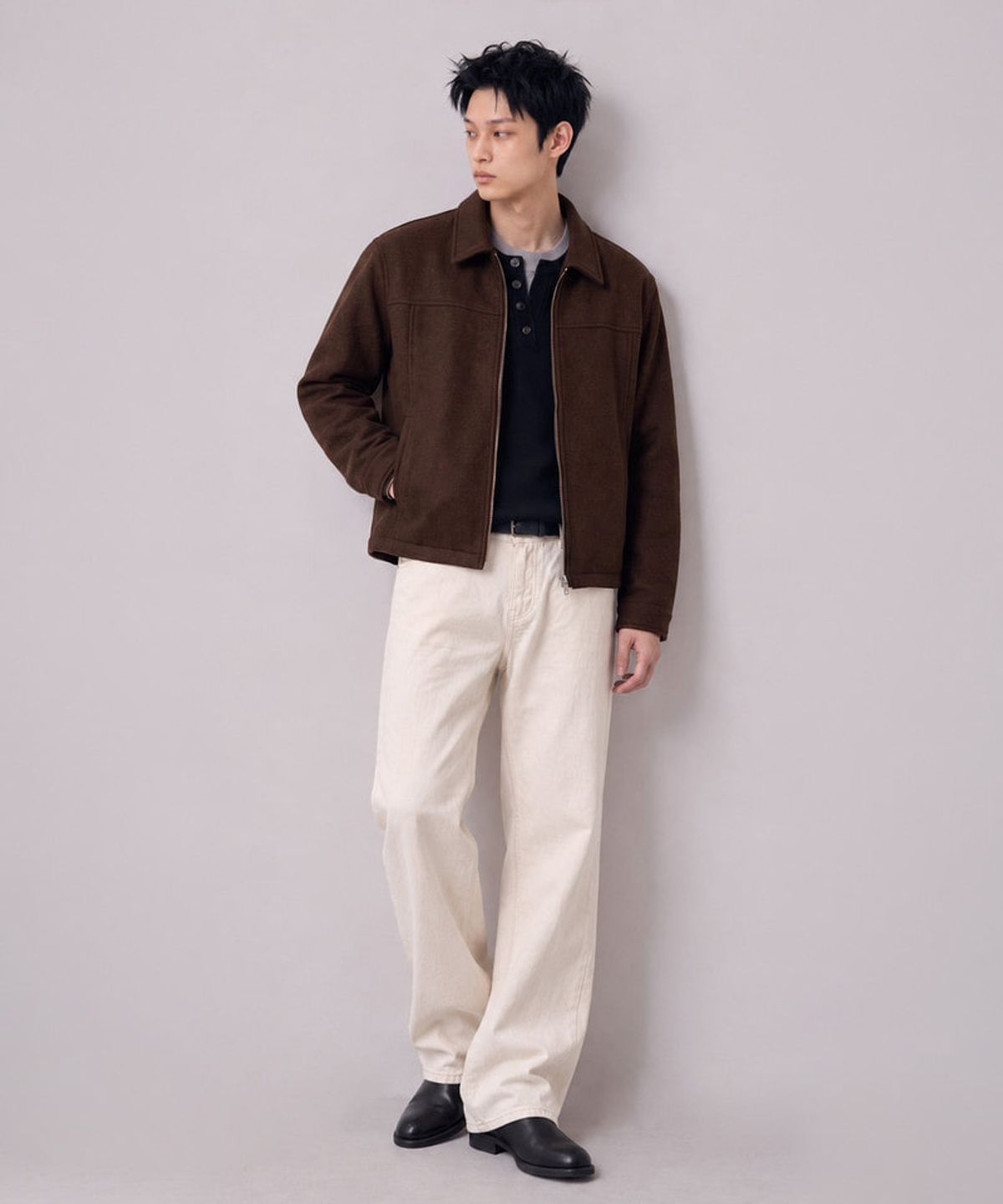 언더오프(UNDEROFF) 싱글 카라 크롭 울자켓 브라운