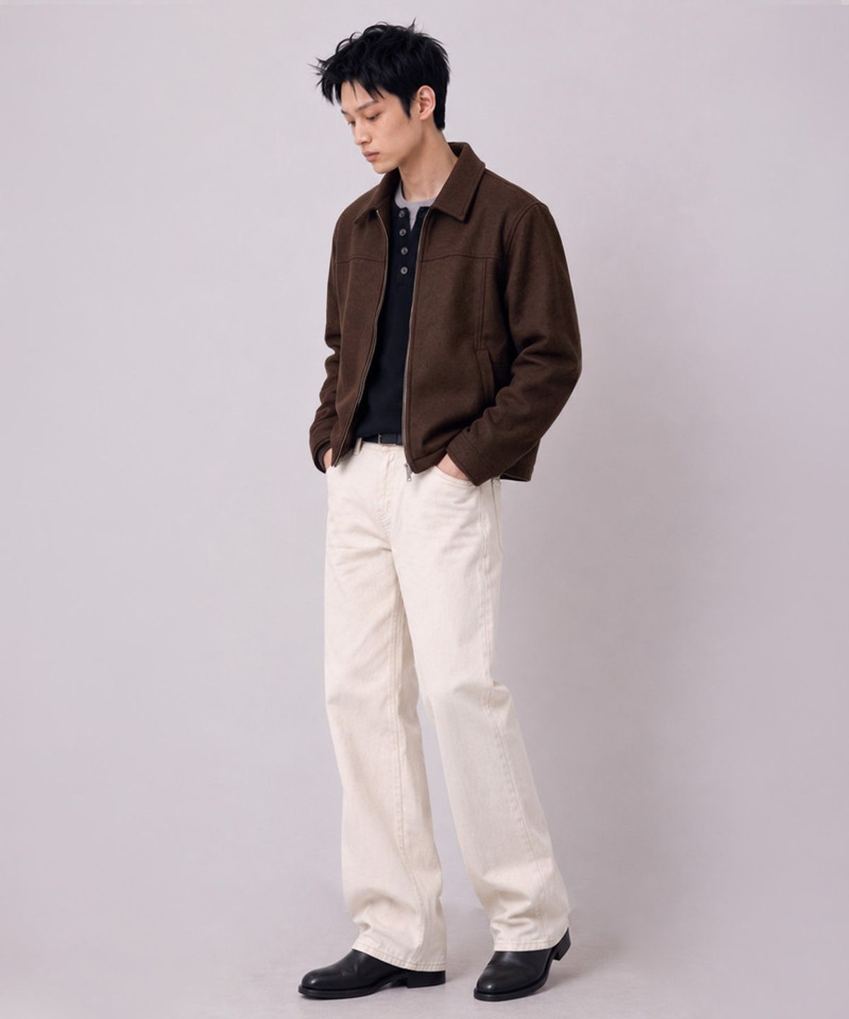 언더오프(UNDEROFF) 싱글 카라 크롭 울자켓 브라운