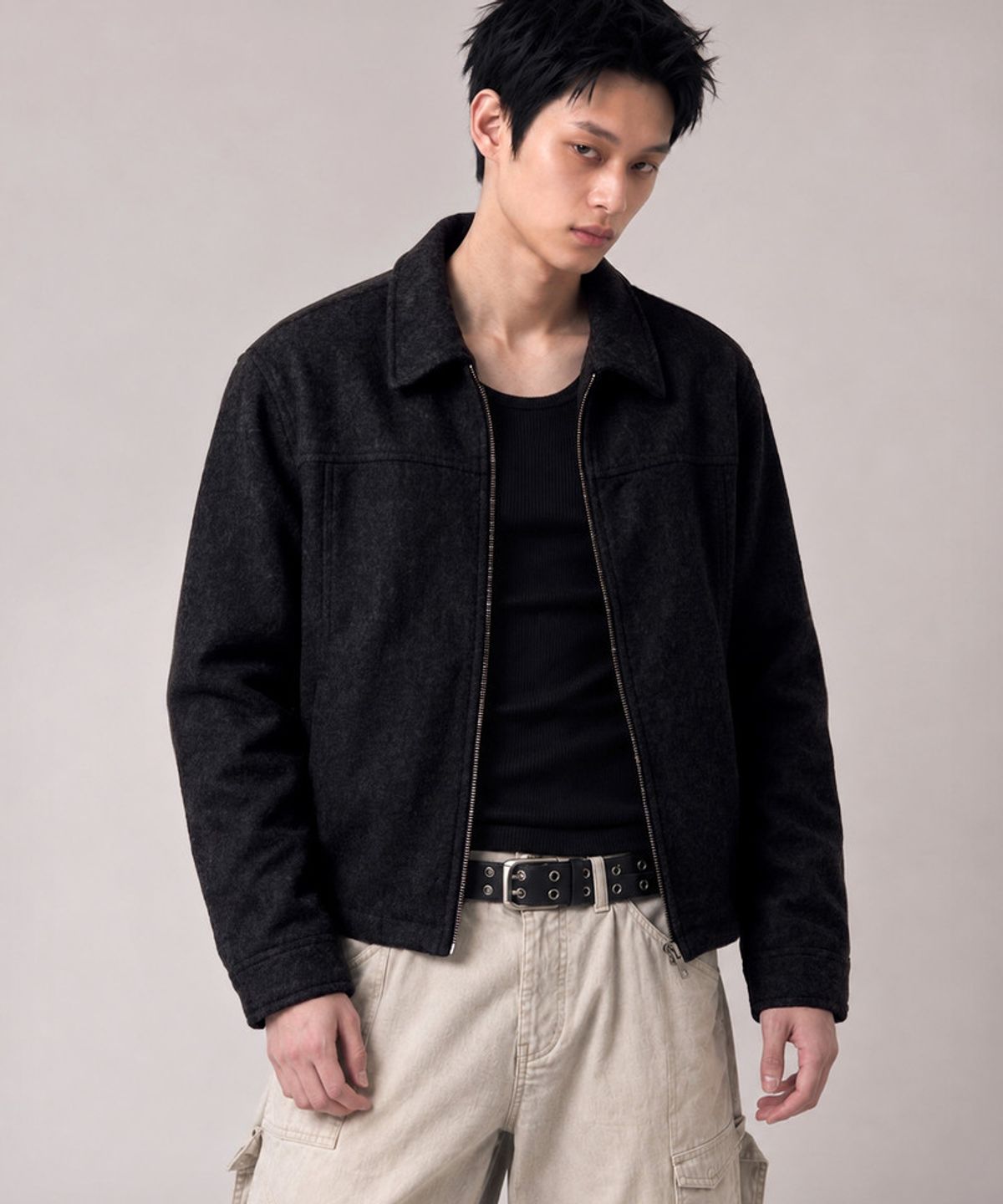 언더오프(UNDEROFF) 싱글 카라 크롭 울자켓 블랙
