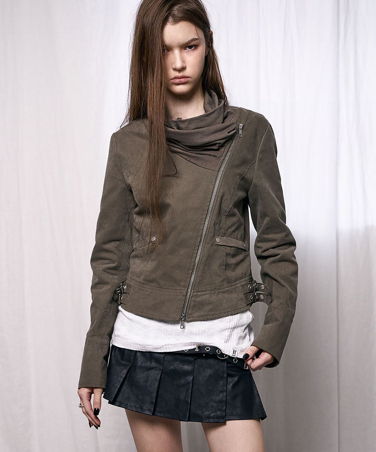 낫노잉(NOTKNOWING) Drape Neck Biker Jacket (KHAKI BROWN)