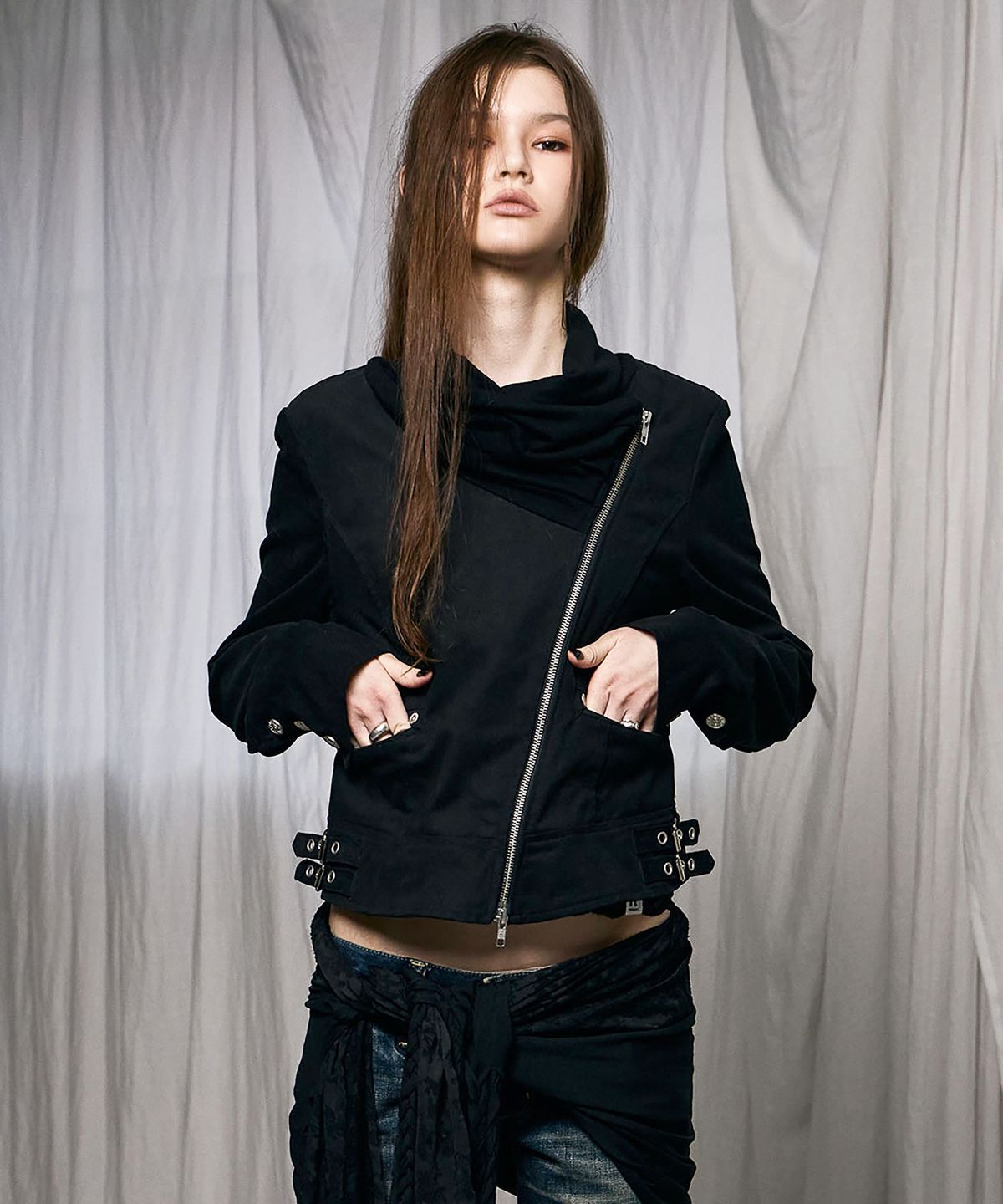 낫노잉(NOTKNOWING) Drape Neck Biker Jacket (BLACK)