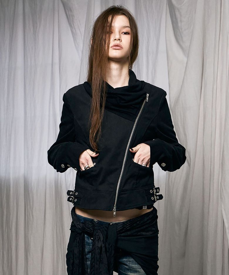 Drape Neck Biker Jacket (BLACK)