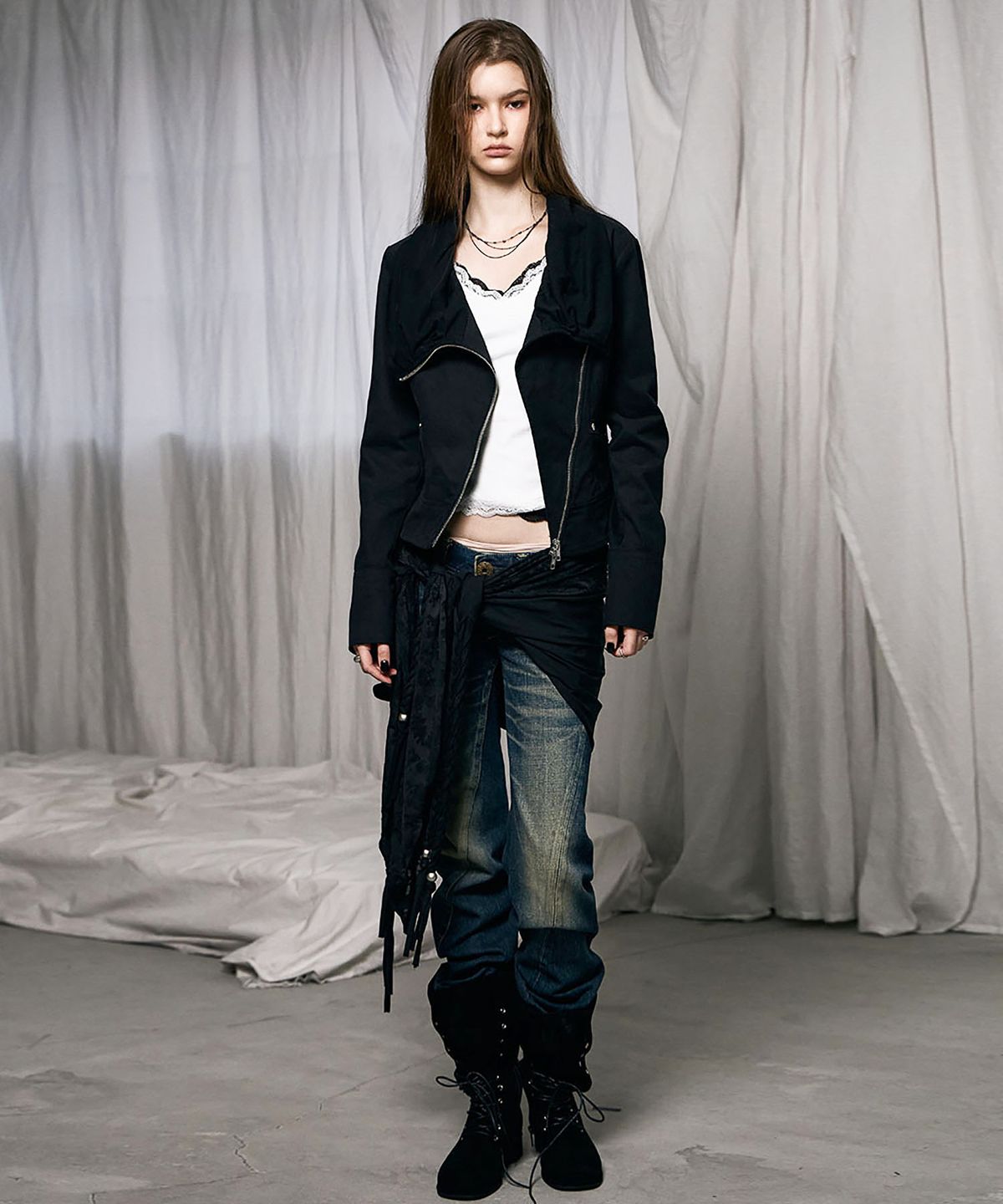 낫노잉(NOTKNOWING) Drape Neck Biker Jacket (BLACK)
