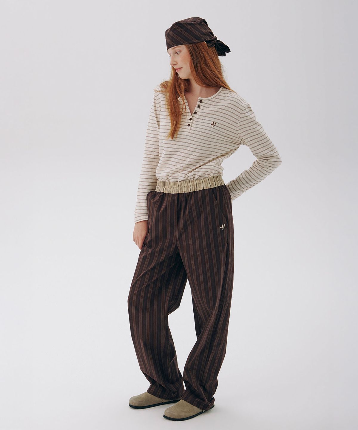 준준스페이스(JUNEJUNE SPACE) Stripe Wide Pants_Dark Brown