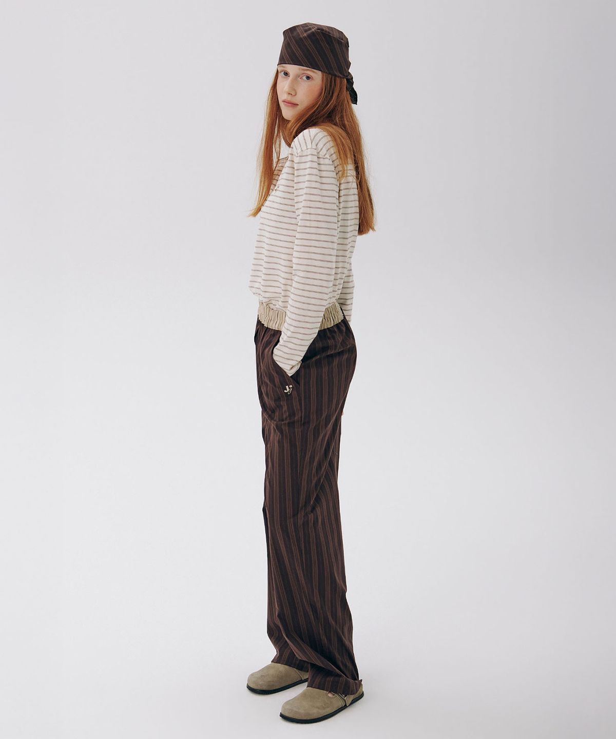준준스페이스(JUNEJUNE SPACE) Stripe Wide Pants_Dark Brown
