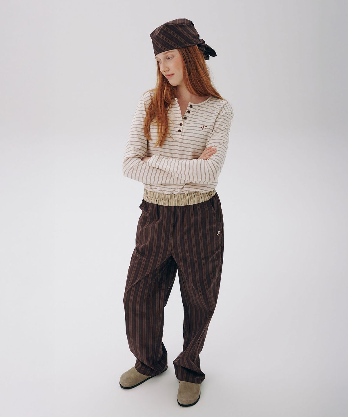 준준스페이스(JUNEJUNE SPACE) Stripe Wide Pants_Dark Brown