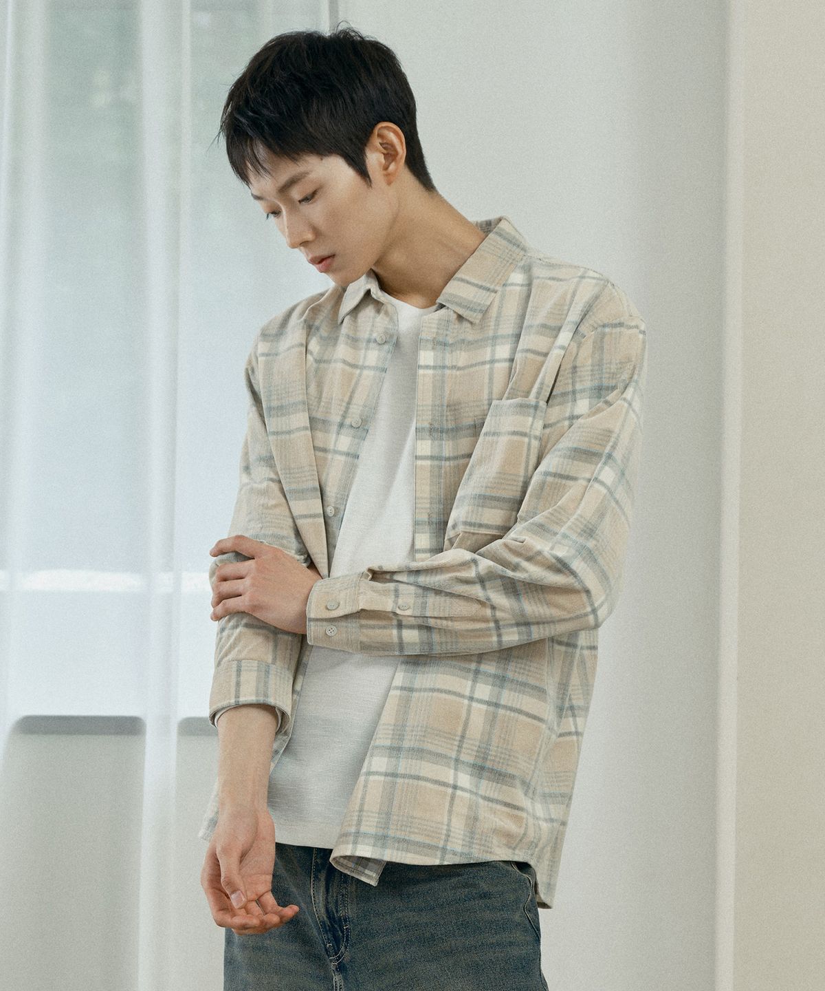 마인드브릿지(MINDBRIDGE) [COUTURE]40수 베이지 체크 코듀로이 오버핏 셔츠