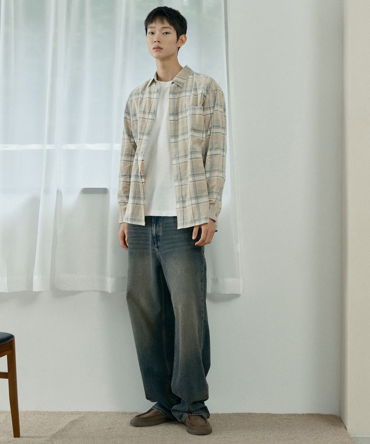 마인드브릿지(MINDBRIDGE) [COUTURE]40수 베이지 체크 코듀로이 오버핏 셔츠