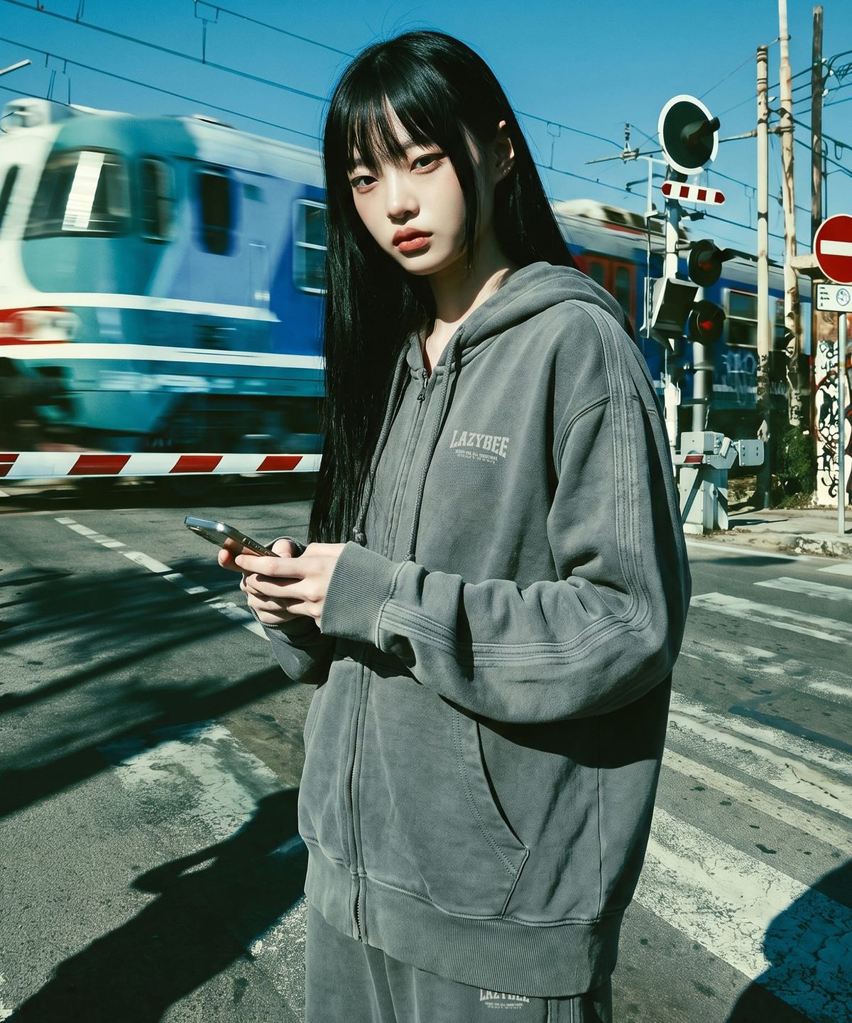 레이지비(LAZYBEE) 트랙 피그먼트 루즈핏 후드 집업 자켓 M 차콜