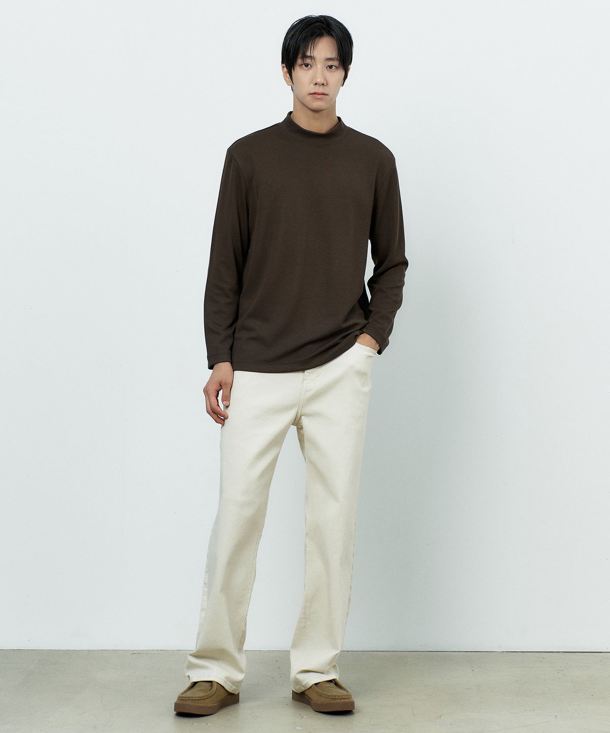 마인드브릿지(MINDBRIDGE) [ON]니트 라이크 골 조직 하프 터틀넥 데일리 티셔츠 - 4color