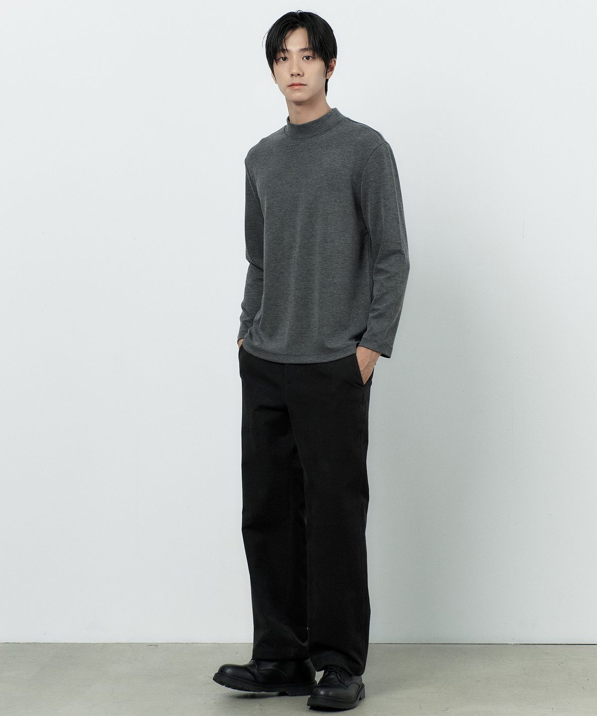 마인드브릿지(MINDBRIDGE) [ON]니트 라이크 골 조직 하프 터틀넥 데일리 티셔츠 - 4color