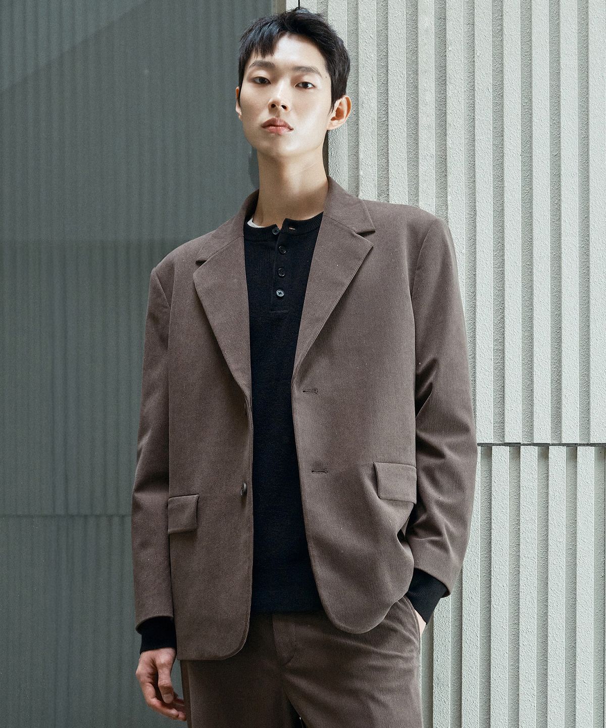 마인드브릿지(MINDBRIDGE) [SET][COUTURE]코듀로이 오버핏 싱글 자켓 셋업 카키 브라운