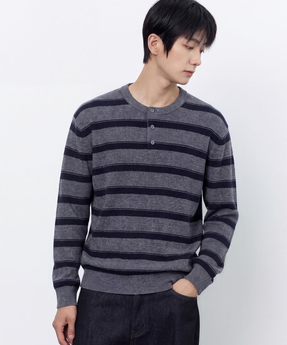 마인드브릿지(MINDBRIDGE) [ON]울 혼방 헨리넥 세미 오버핏 데일리 니트 - 4color